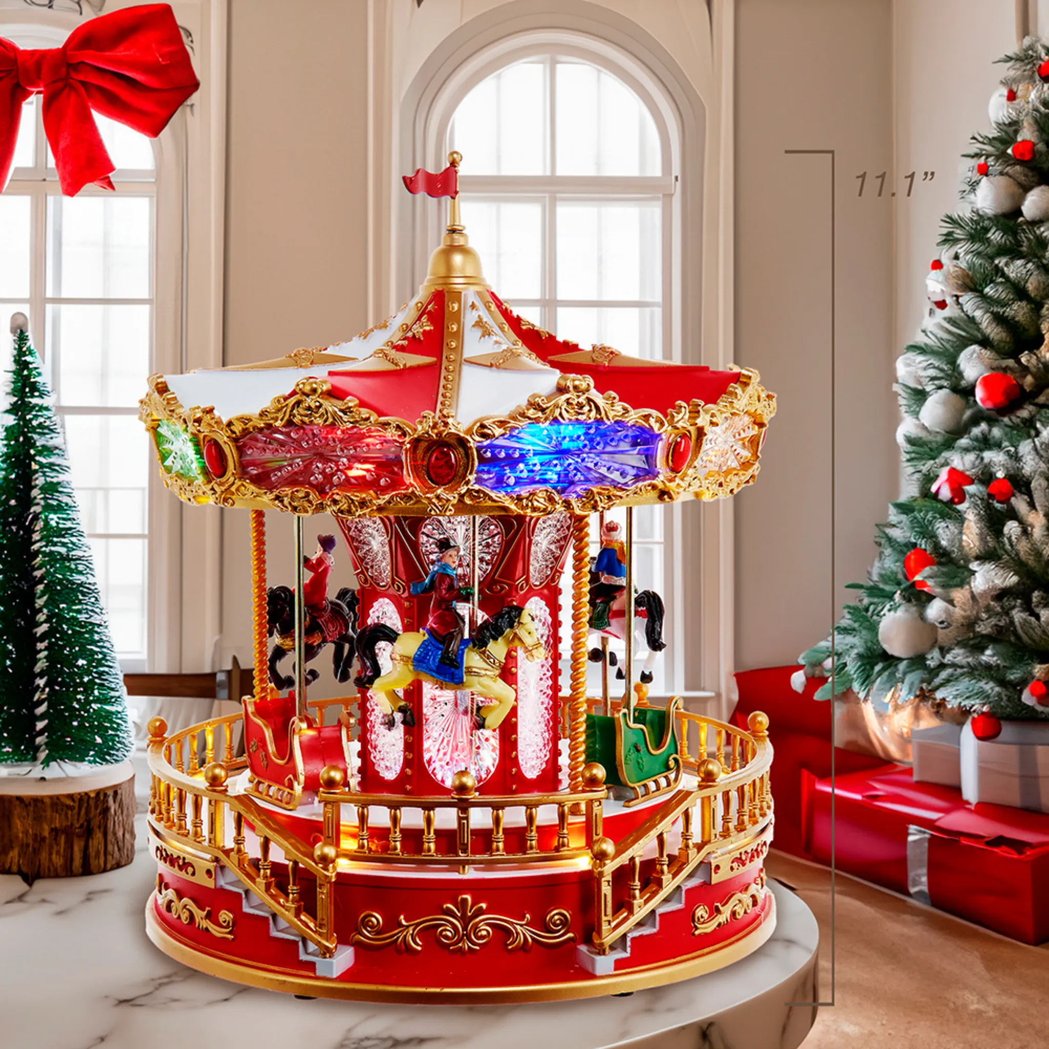 11.1" Battery Operated Multicolor LED Lighted Musical Santa Carousel With Motion Table Piece