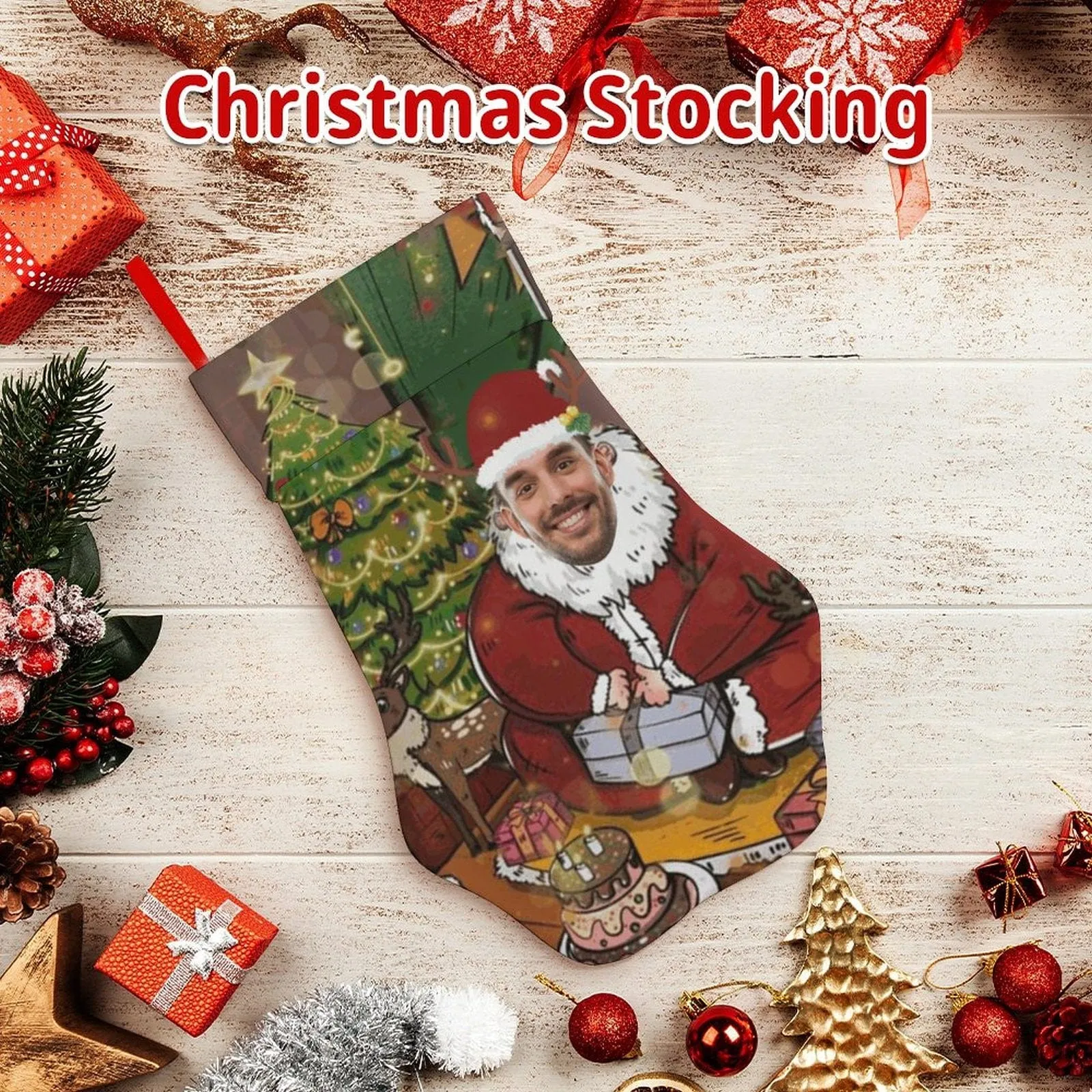 16.6in(L) Plus Size-Custom Face Santa Claus Socks Paw Christmas Stocking Holiday Decor Gifts