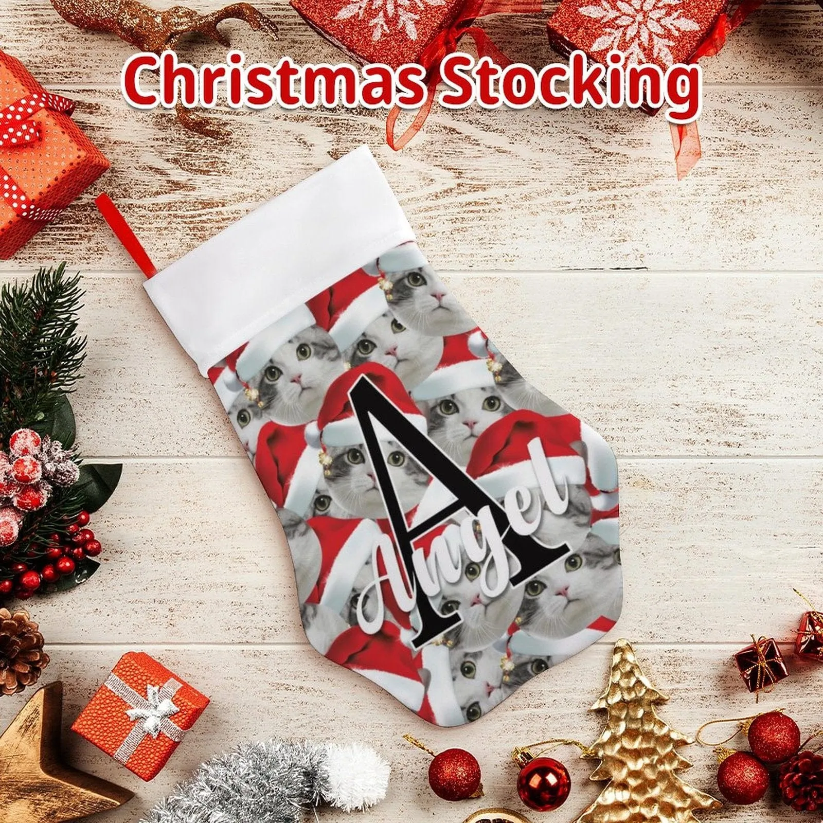 16.6in(L) Plus Size-Custom Seamless Face Red Hat&Name Socks Paw Christmas Stocking Holiday Decor Gifts