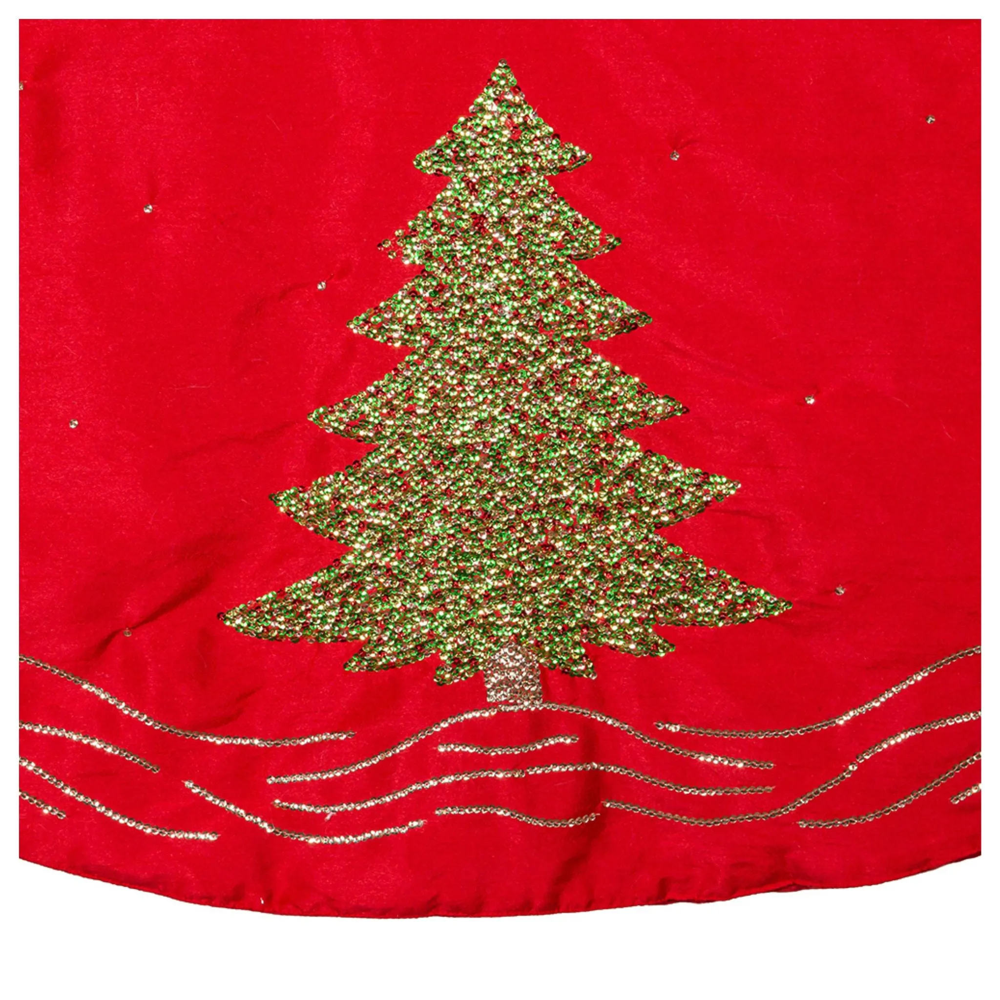 60" Red Dupion Embroidered Tree Skirt