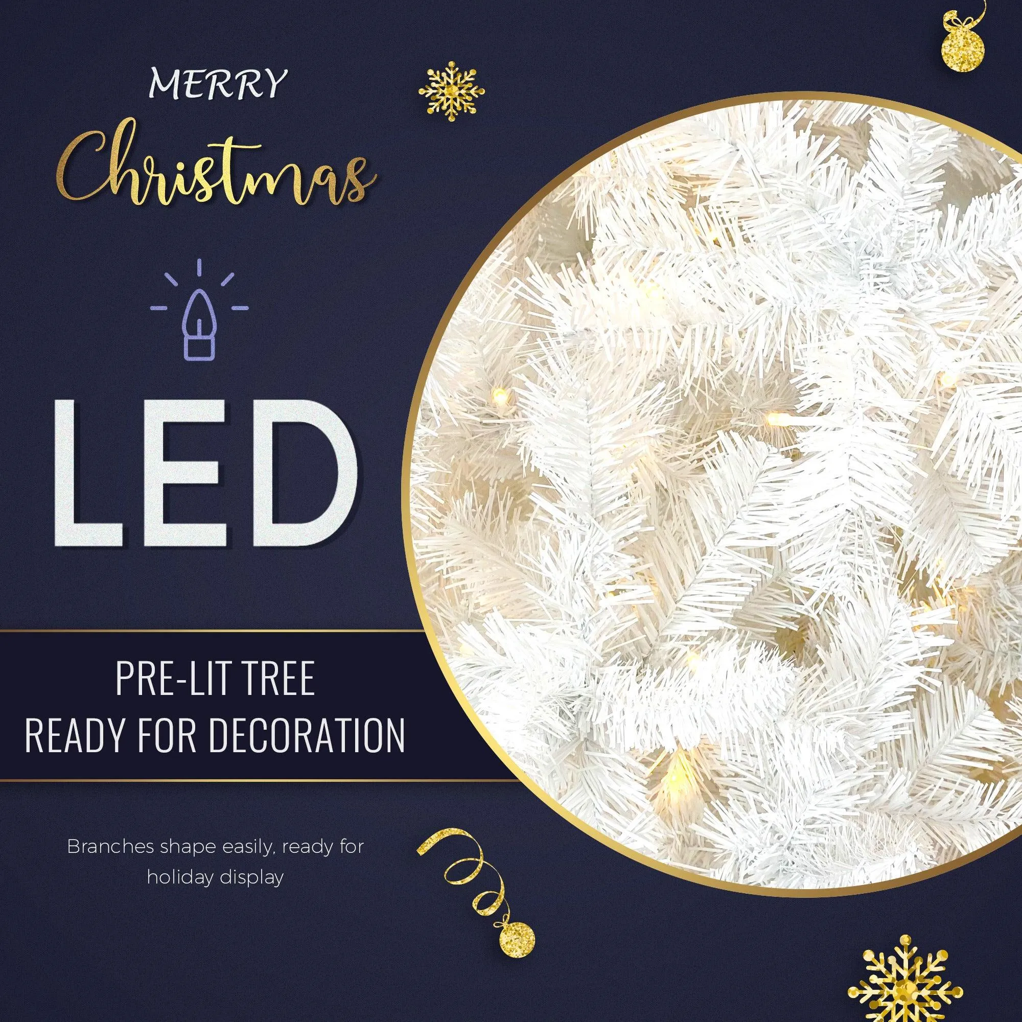 6.6ft Upside Down White Pre Lit Christmas Tree, Xmas Tree with LED Warm White Lights, Reinforced Metal Base & Easy Assembly