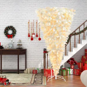 6.6ft Upside Down White Pre Lit Christmas Tree, Xmas Tree with LED Warm White Lights, Reinforced Metal Base & Easy Assembly