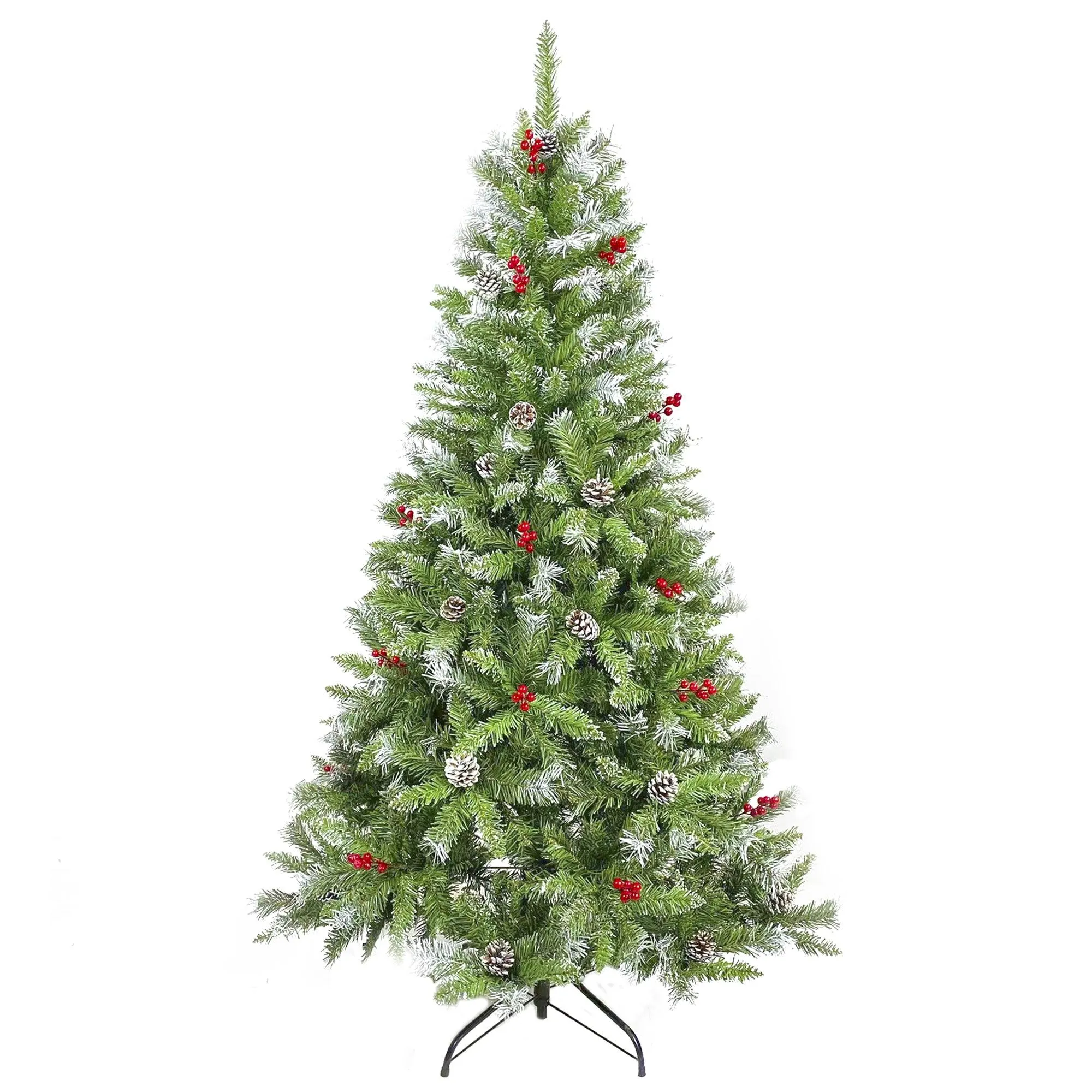 6FT Artificial Green PVC Christmas Tree with Pinecones and Red Berries