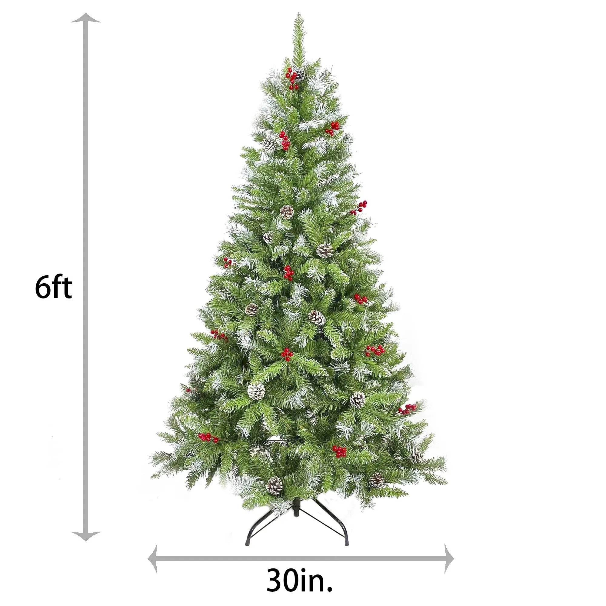 6FT Artificial Green PVC Christmas Tree with Pinecones and Red Berries