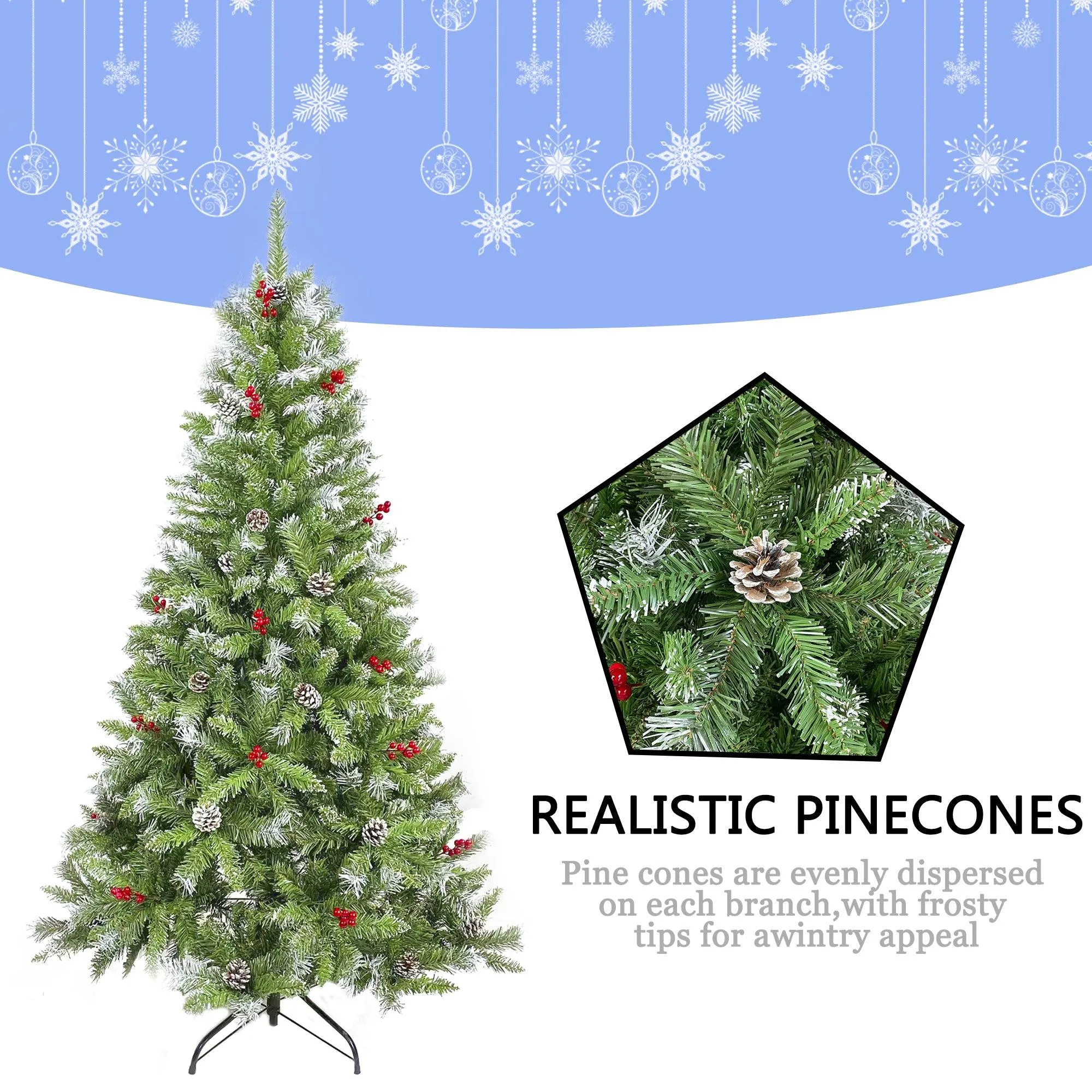 6FT Artificial Green PVC Christmas Tree with Pinecones and Red Berries