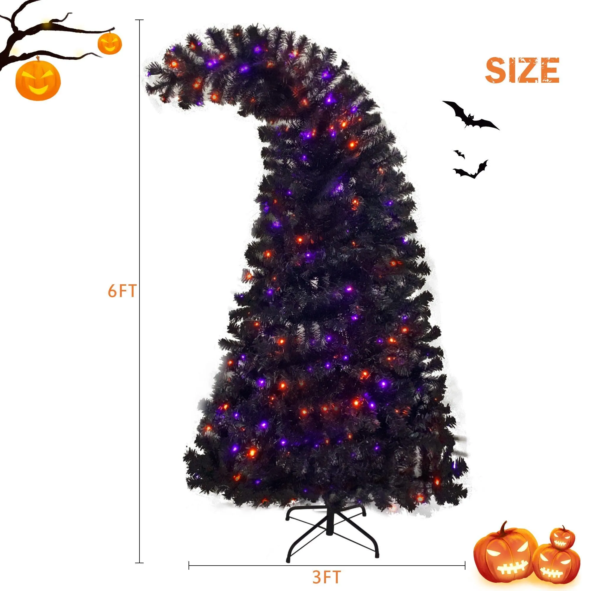 6FT Hinged Fraser Fir Artificial Fir Bent Top Christmas Tree, Xmas Tree Bendable Grinch Style 1,080 Lush Branch Tips, 250 LED Lights