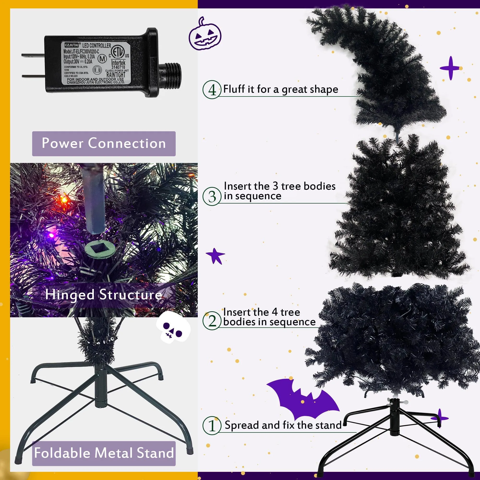 6FT Hinged Fraser Fir Artificial Fir Bent Top Christmas Tree, Xmas Tree Bendable Grinch Style 1,080 Lush Branch Tips, 250 LED Lights