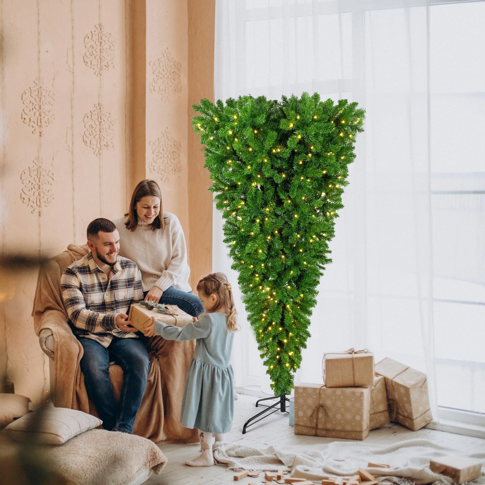 6ft Upside Down Green Christmas Tree, LED Warm White Lights, Reinforced Metal Base & Easy Assembly, 1,000 Lush Branch Tips, 360 LED Lights