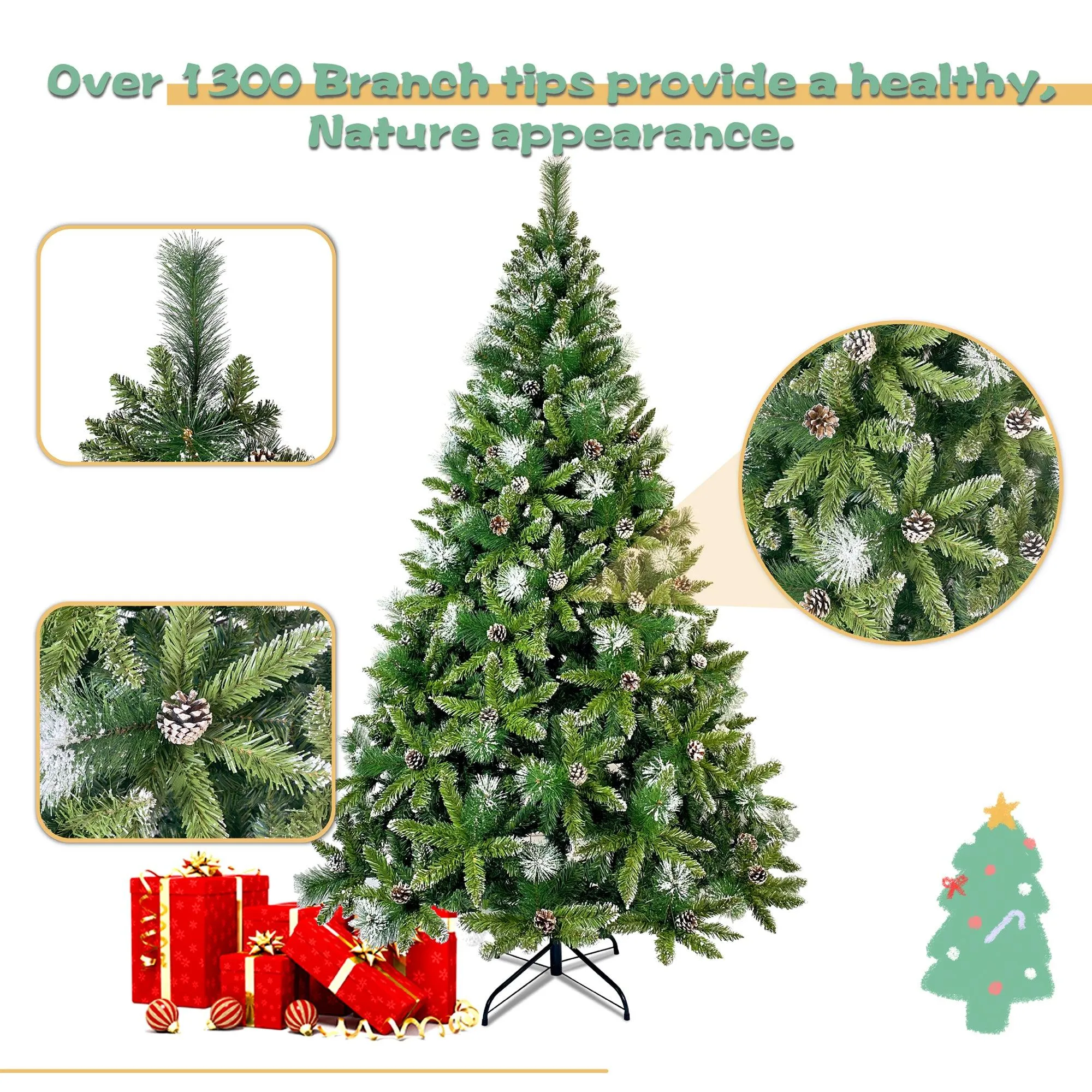 7.4ft Christmas Tree, Decorated with 65 Pine Cones and Realistic over 1300 Thicken Tips, Hinged, Easy Assembly, for Indoor and Outdoor Use