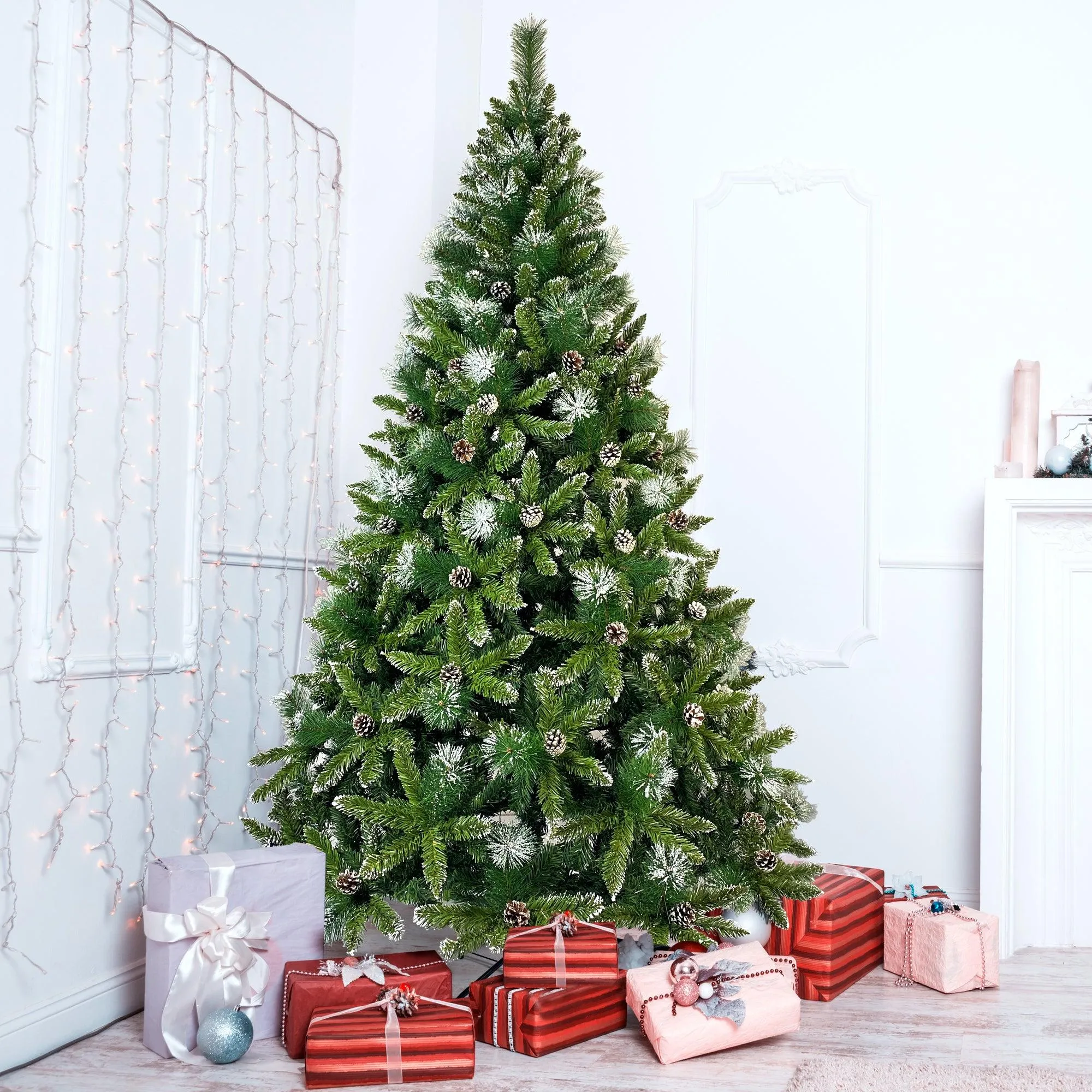 7.4ft Christmas Tree, Decorated with 65 Pine Cones and Realistic over 1300 Thicken Tips, Hinged, Easy Assembly, for Indoor and Outdoor Use