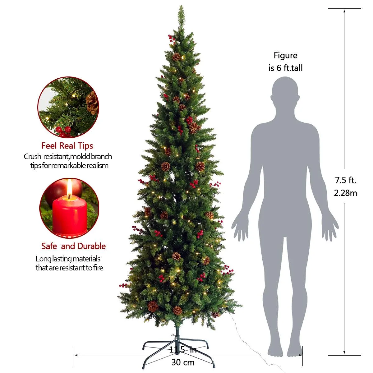 7.5ft  Artificial Slim Christmas Tree Pre-lit Pencil Feel Real Skinny Fir Tree with Cones and Berries