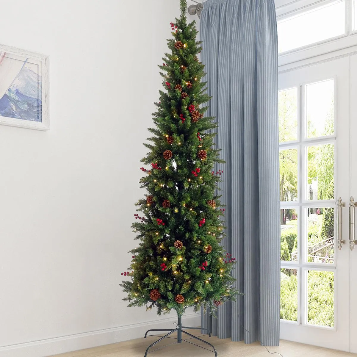 7.5ft  Artificial Slim Christmas Tree Pre-lit Pencil Feel Real Skinny Fir Tree with Cones and Berries