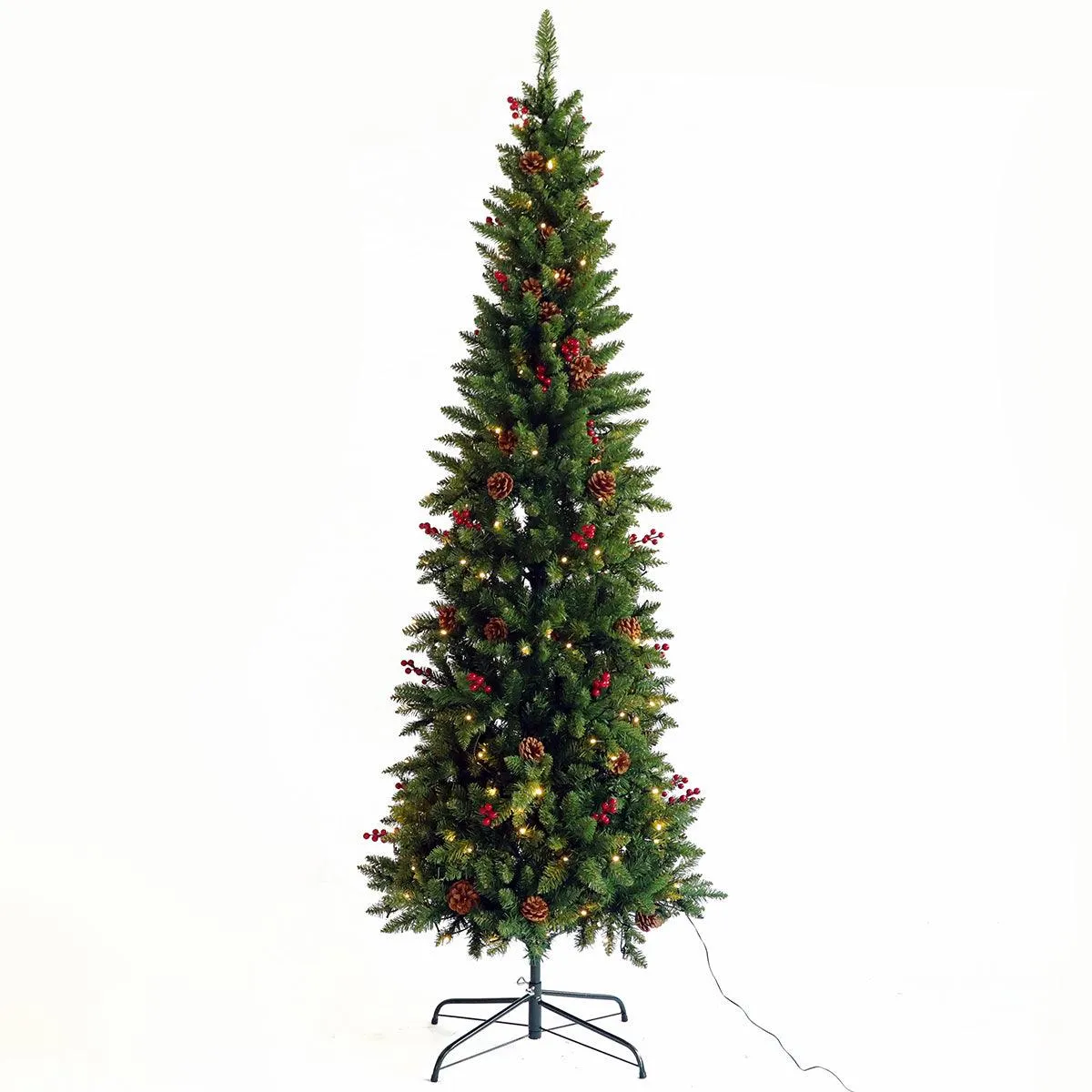 7.5ft  Artificial Slim Christmas Tree Pre-lit Pencil Feel Real Skinny Fir Tree with Cones and Berries