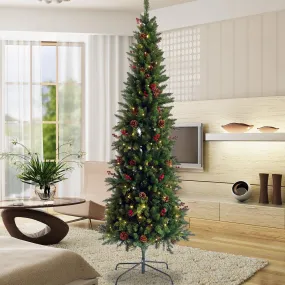 7.5ft  Artificial Slim Christmas Tree Pre-lit Pencil Feel Real Skinny Fir Tree with Cones and Berries