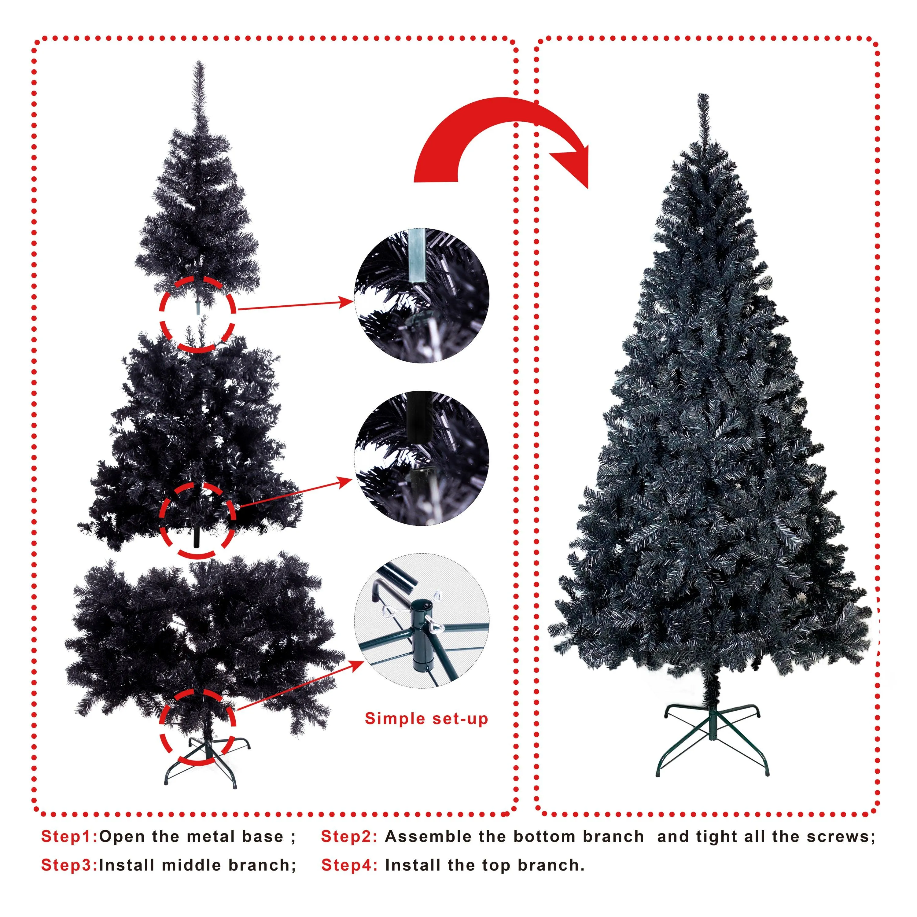 7.5FT  Unlit Black Artificial Christmas Tree with Foldable Metal Stand PVC Fir Tree 1,500 Branch Tips