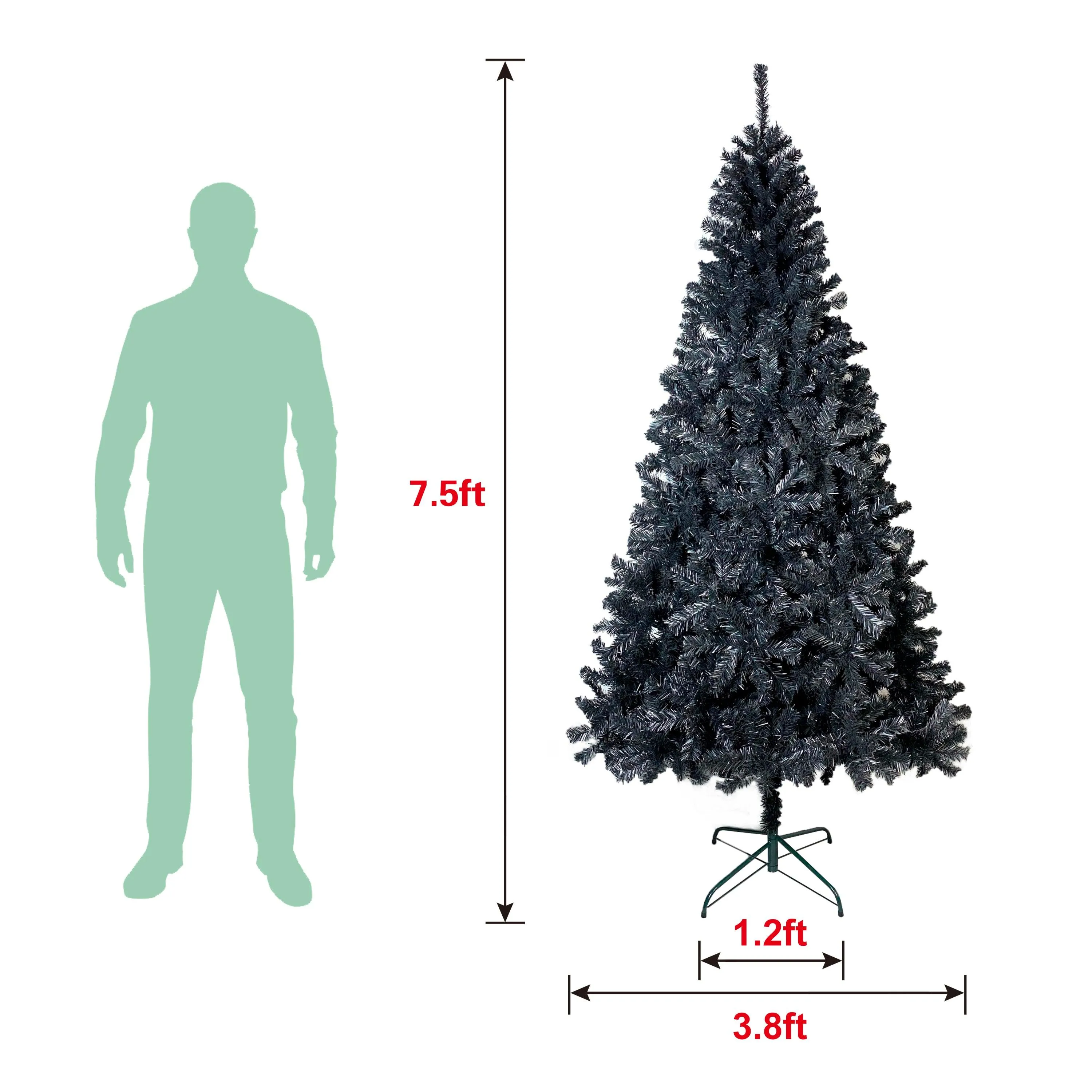 7.5FT  Unlit Black Artificial Christmas Tree with Foldable Metal Stand PVC Fir Tree 1,500 Branch Tips