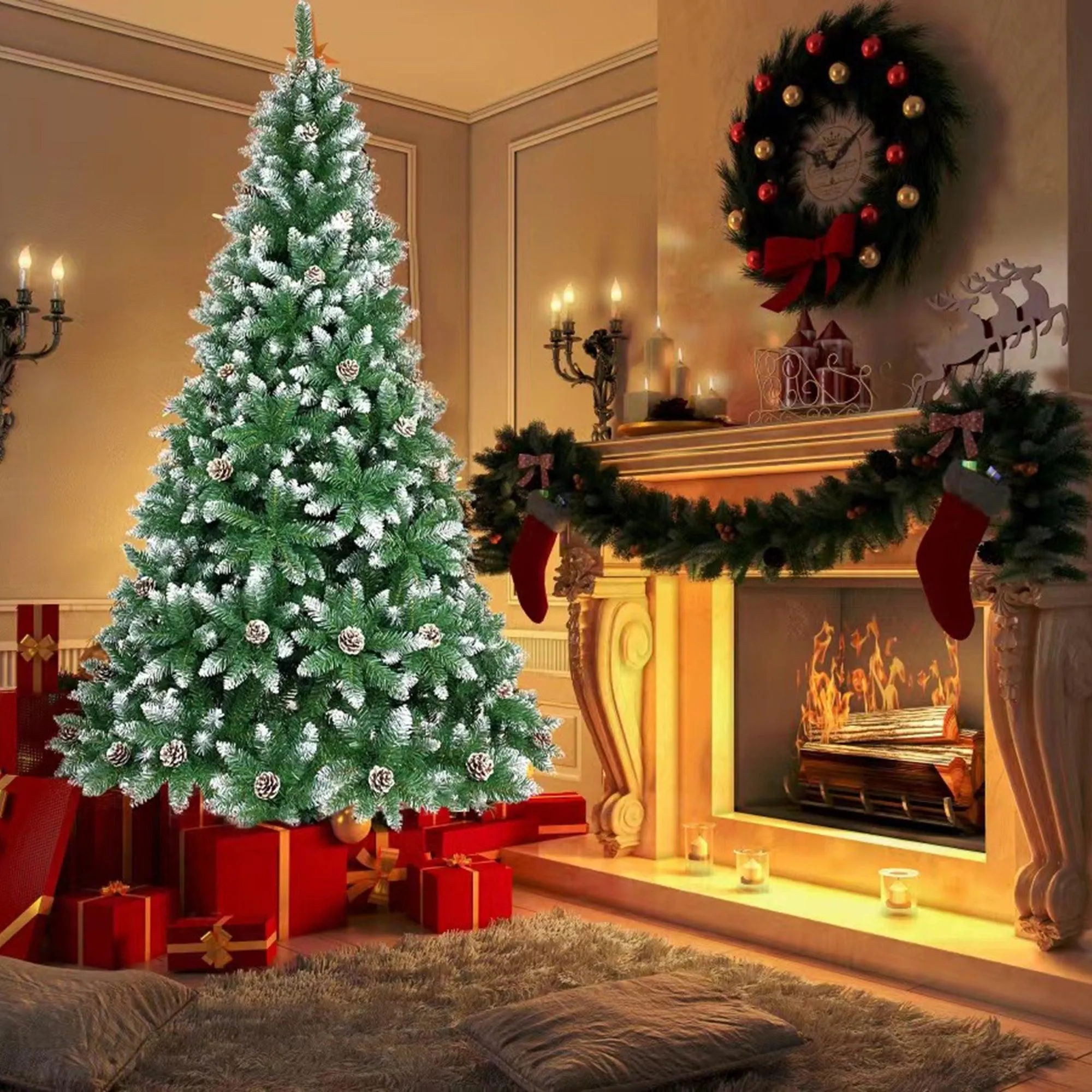 7FT Pointed PVC Christmas Tree with Pine Cones, Spraying White, 1200 Branches Tips