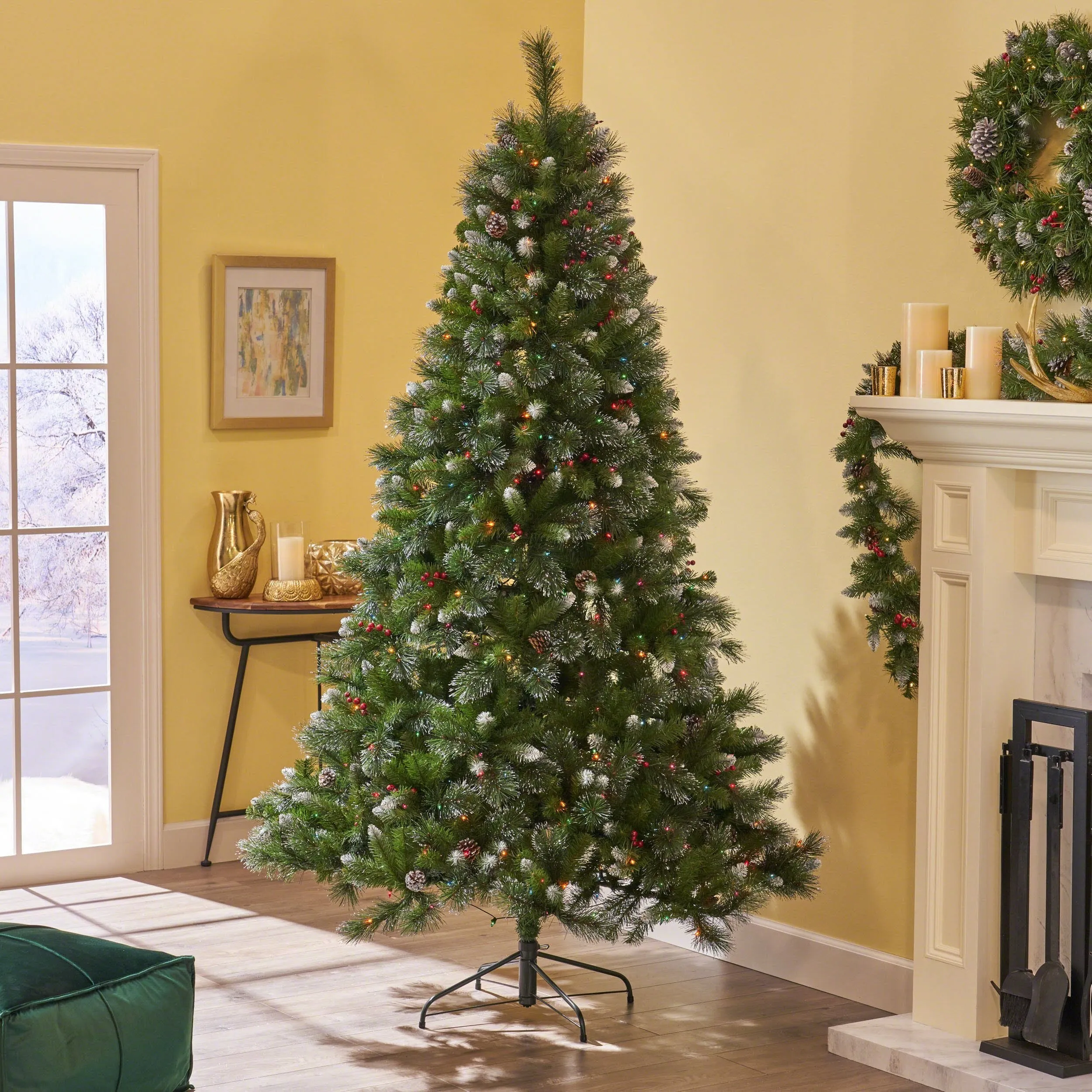 9-foot Mixed Spruce Hinged Artificial Christmas Tree with Glitter Branches, Red Berries, and Pinecones - NH273703