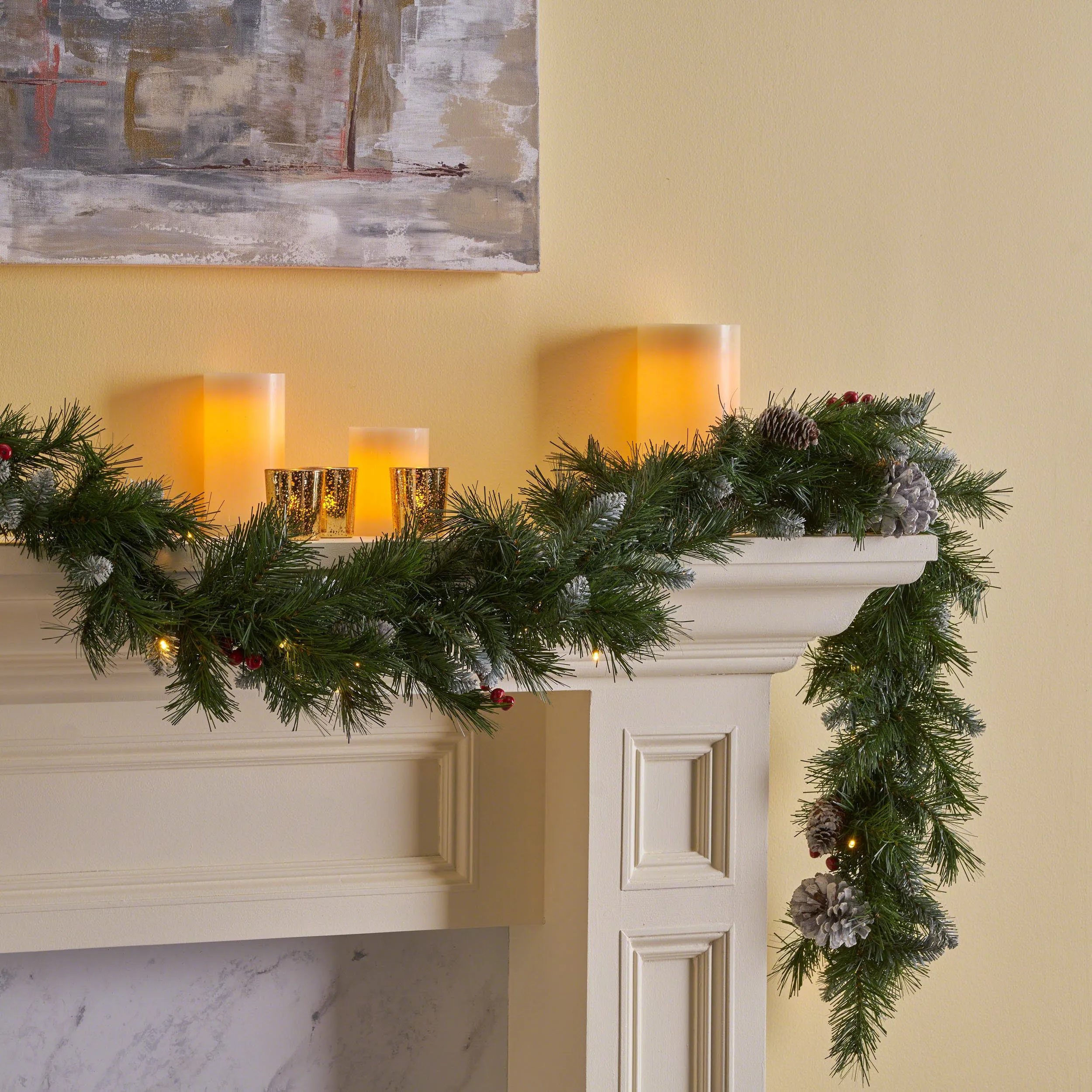 9-foot Mixed Spruce Pre-Lit Warm White LED Artificial Christmas Garland with Frosted Branches, Red Berries and Pinecones - NH293703