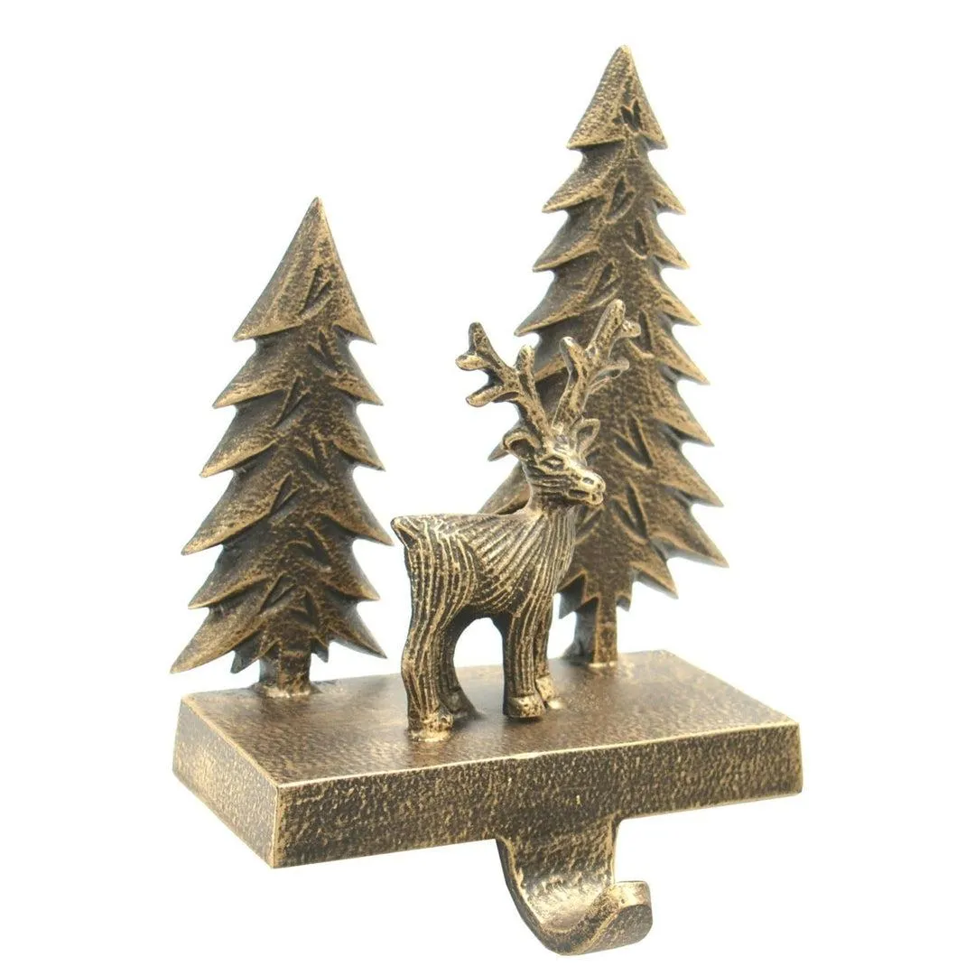 Brass Deer & Tree Christmas Stocking Holder