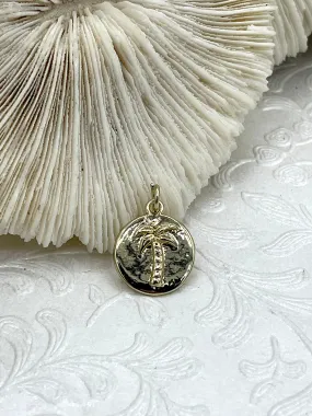 Brass Palm Tree Charm, 14mm Palm Tree Coin, Gold Palm Tree Pendant, Round Charm, Gold Plating. High Quality Fast Ship