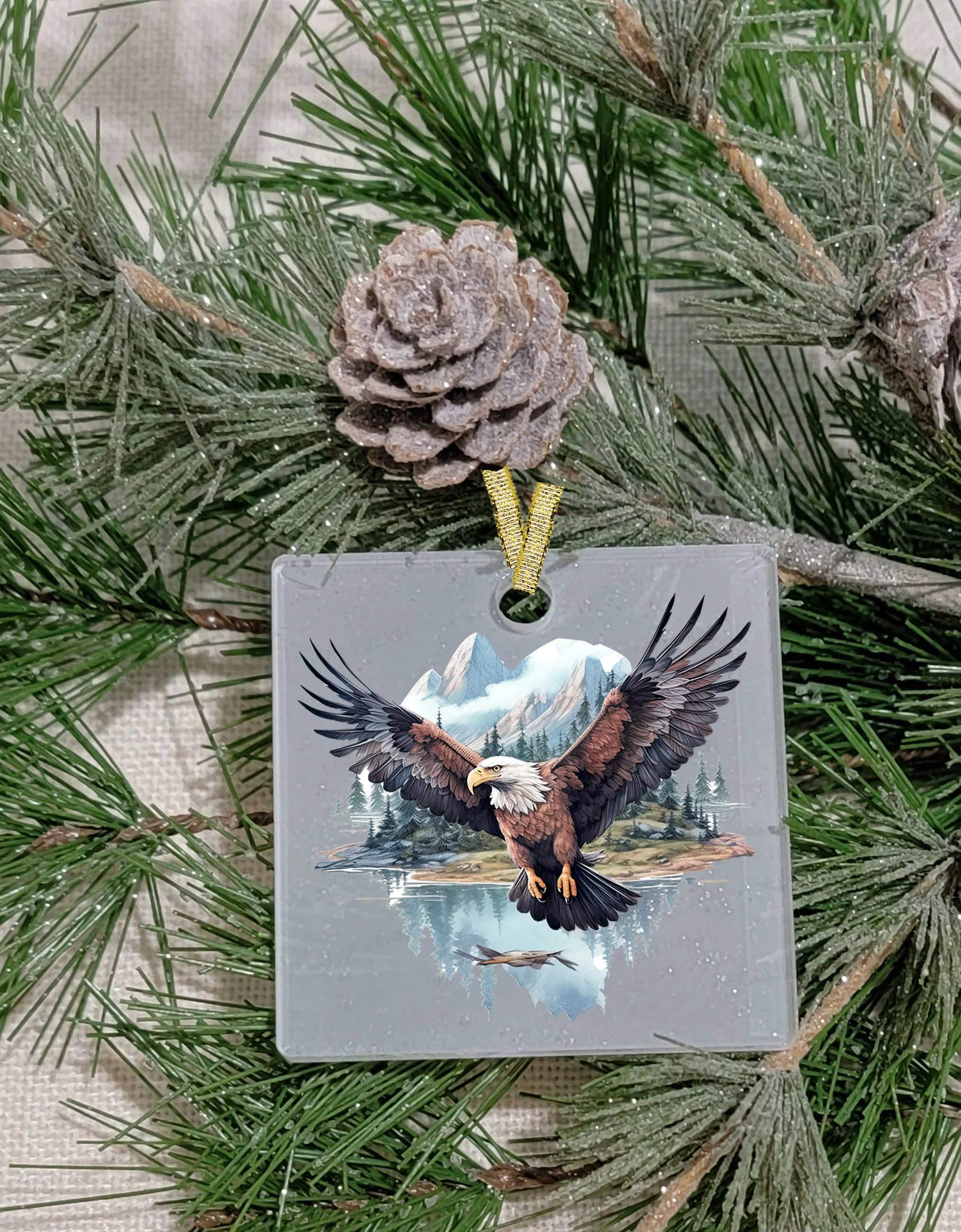 Christmas Ornament, Bird, Eagle flying, Frosted Acrylic, Square, name drop available