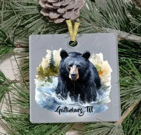 Christmas Ornament, Black Bear in water, Frosted Acrylic, Square, name drop available