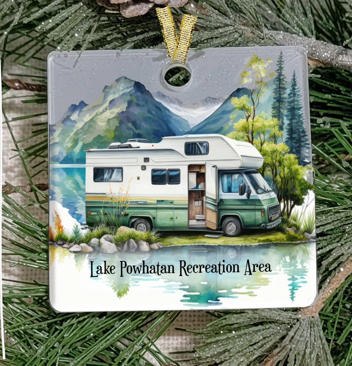 Christmas Ornament, Camping, Class C Mountains, Frosted Acrylic, Square, name drop available