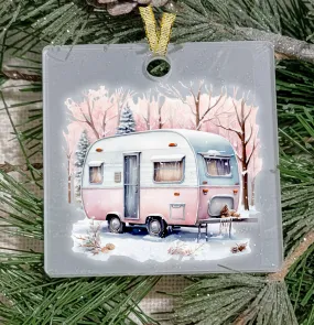 Christmas Ornament, Camping, Pink Camper in the snow , Frosted Acrylic, Square, name drop available