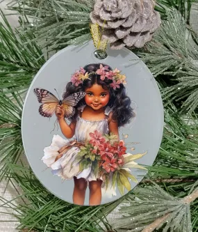 Christmas Ornament, Fairy, Black Hair Fairy, Frosted Acrylic, Oval, name drop available