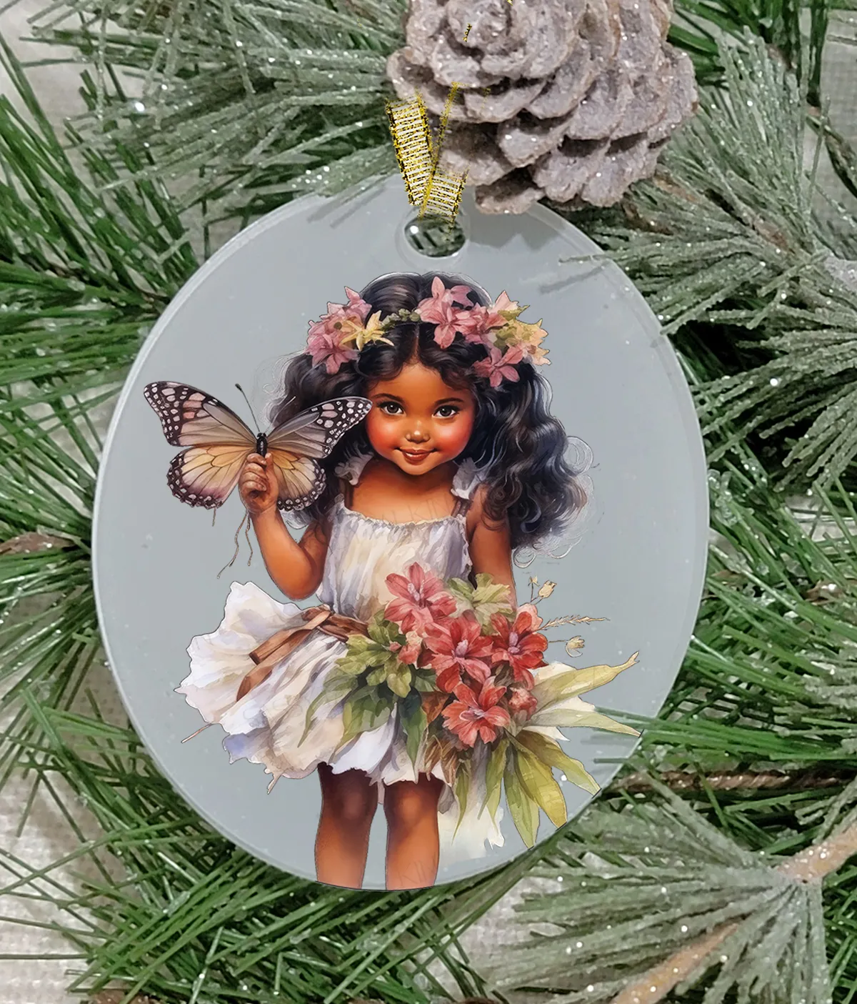 Christmas Ornament, Fairy, Black Hair Fairy, Frosted Acrylic, Oval, name drop available