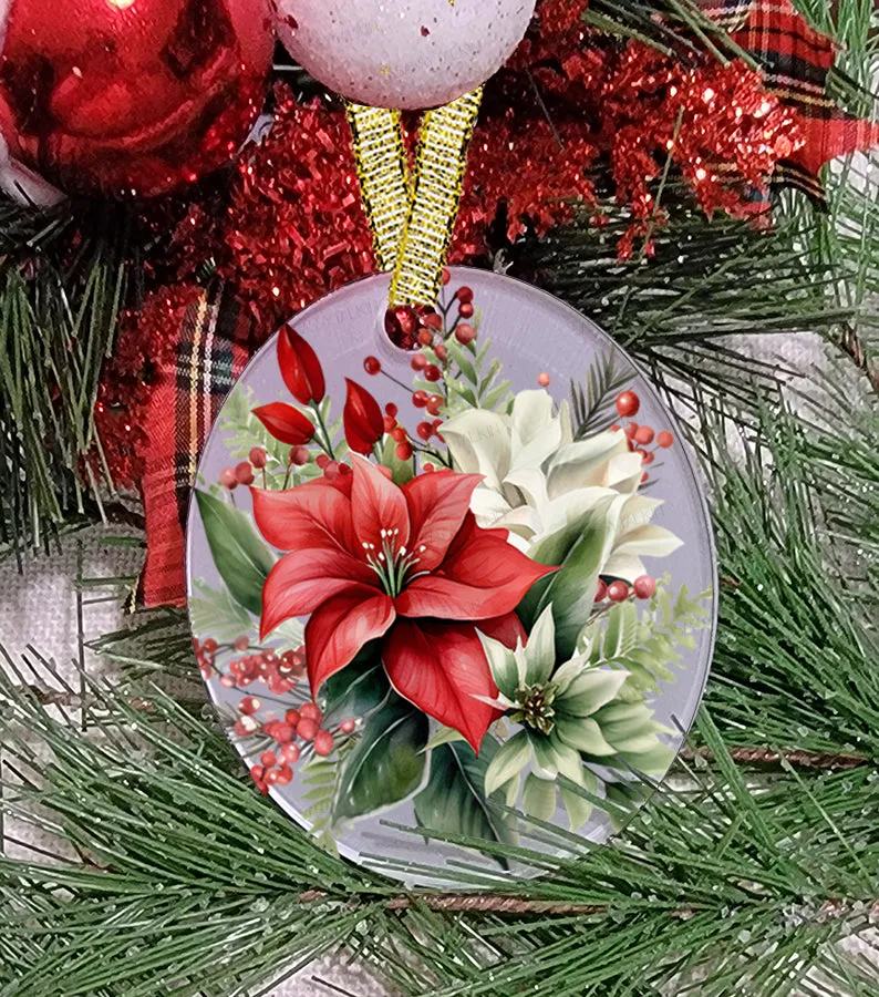 Christmas Ornament, Flower, Poinsettia, Frosted Acrylic