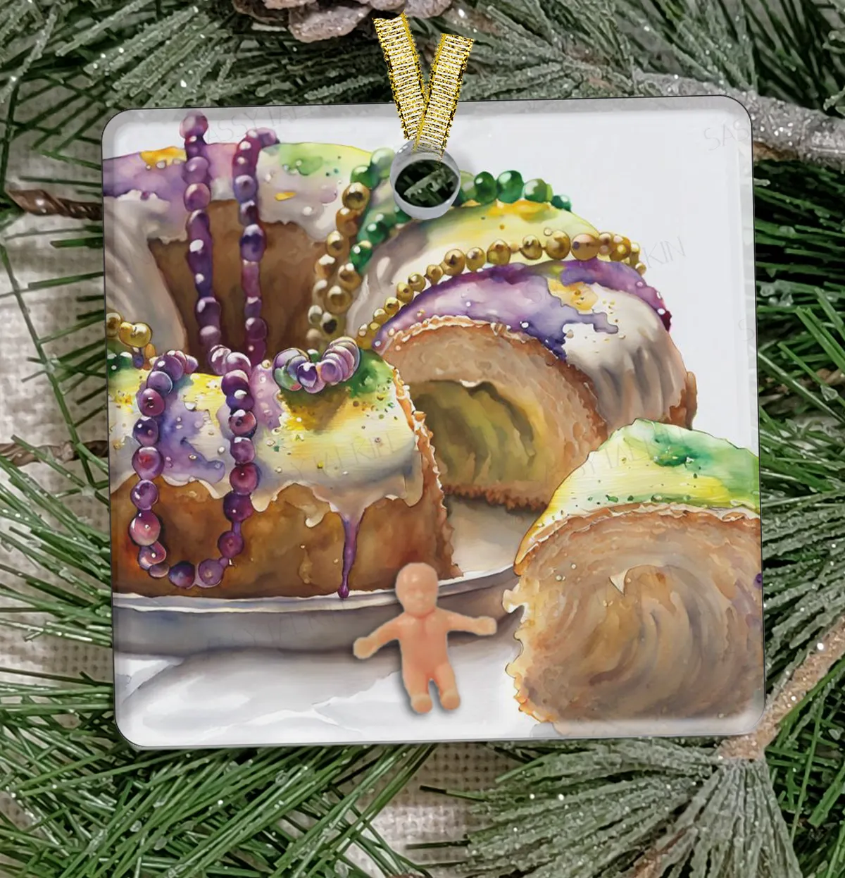 Christmas Ornament, New Orleans, Frosted Acrylic, King Cake