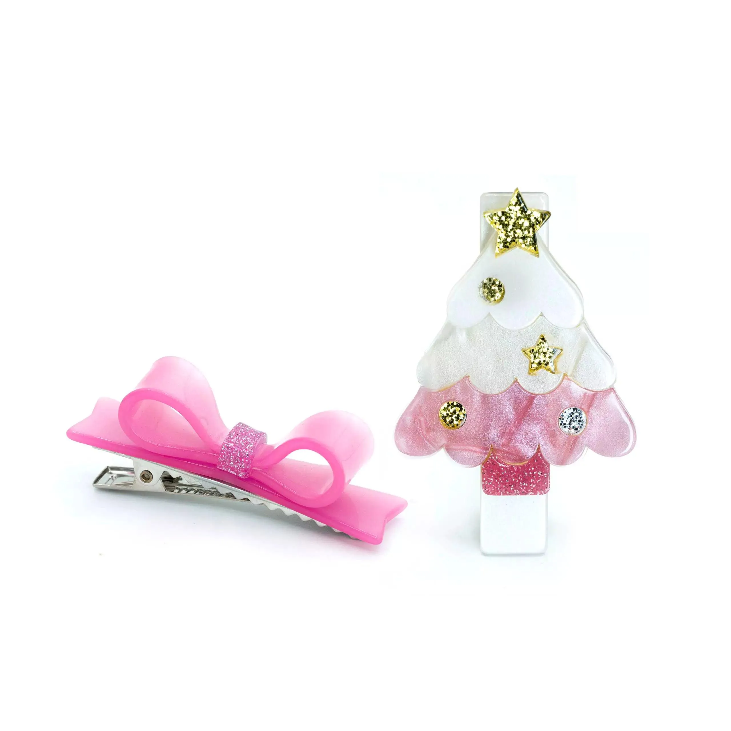 Christmas Tree Pink & Bowtie Alligator Hair Clips Set