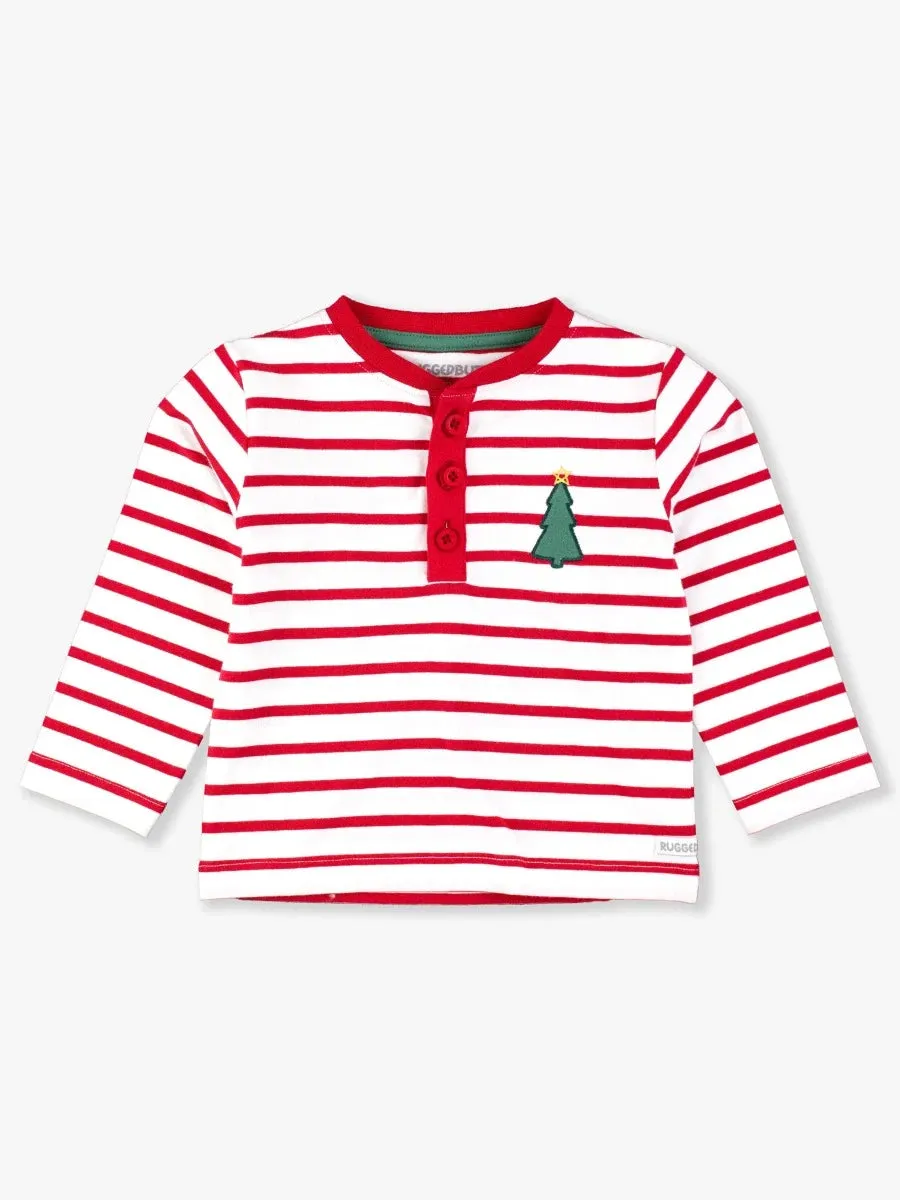 Christmas Tree Red Stripe Knit Long Sleeve Henley Tee