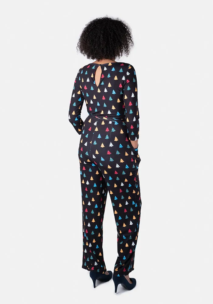 Fern Multi Coloured Christmas Tree Print Jumpsuit