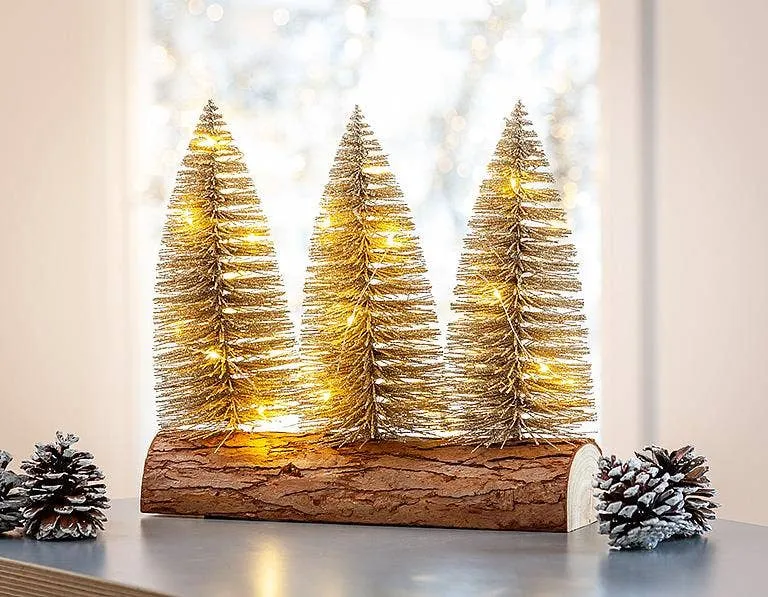 Glitter LED Tree on Log Base-Champagne-8.5"L