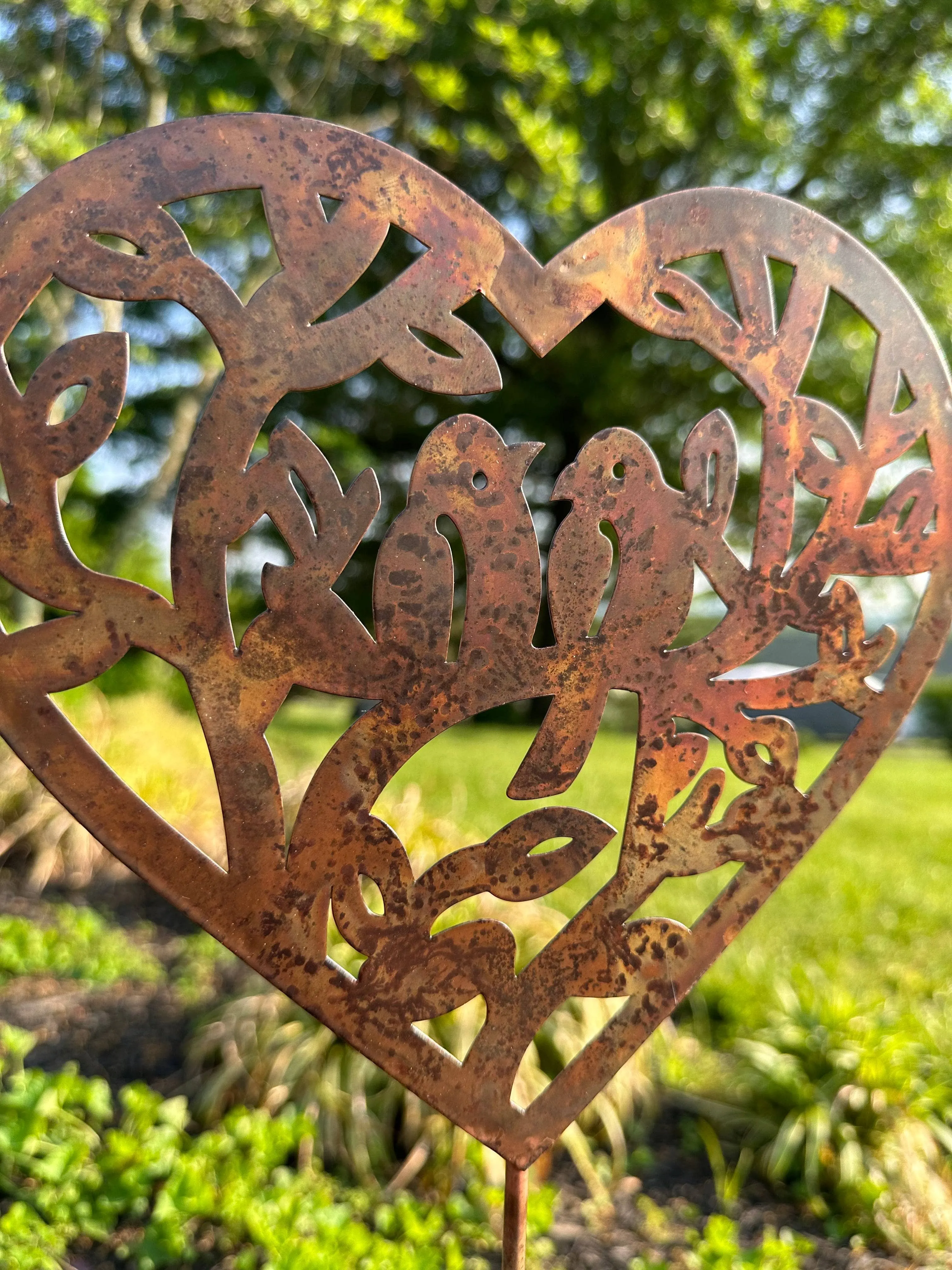 Open Heart with Birds Garden Stake Natural Finish