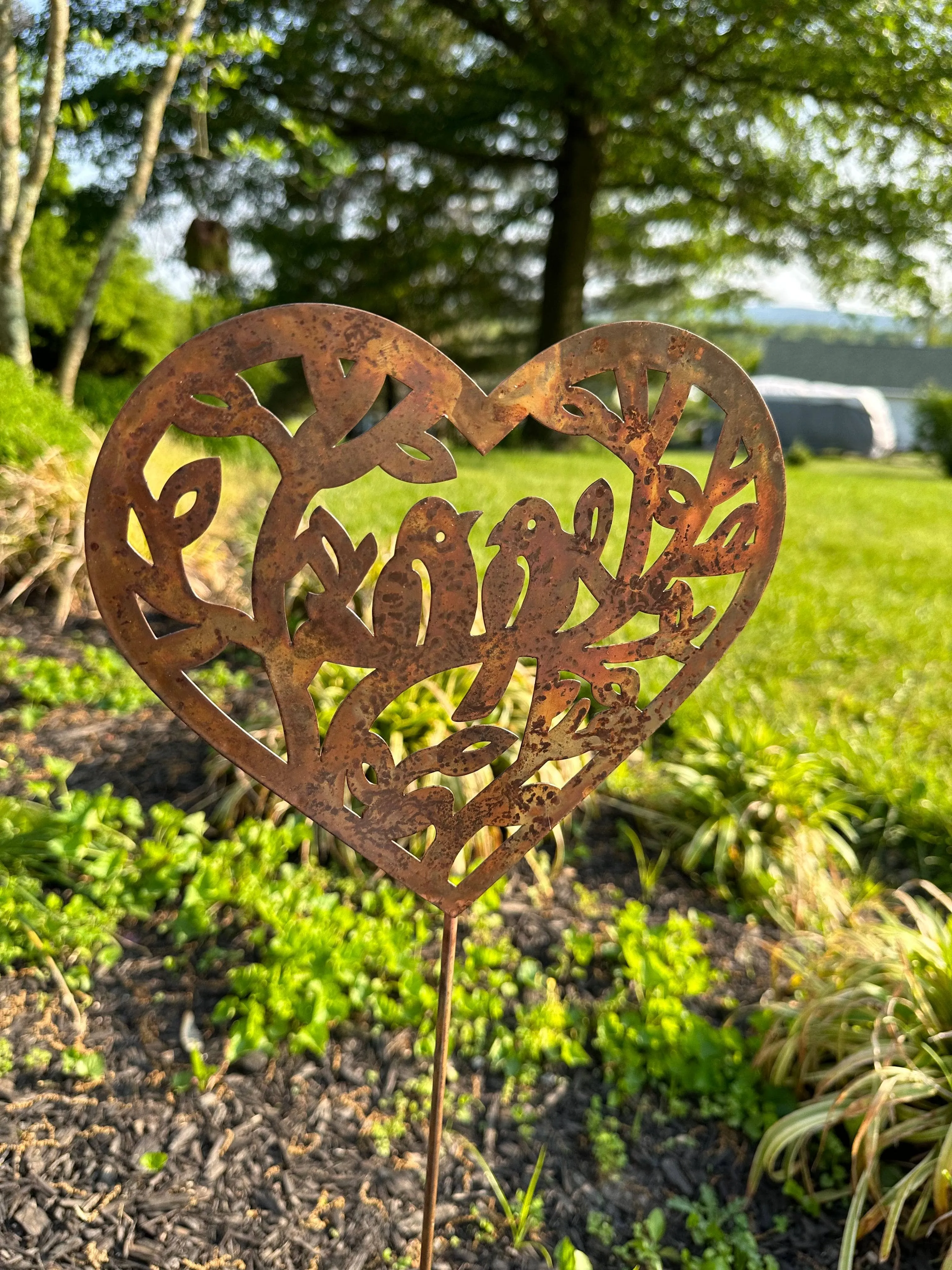 Open Heart with Birds Garden Stake Natural Finish