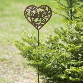 Open Heart with Birds Garden Stake Natural Finish