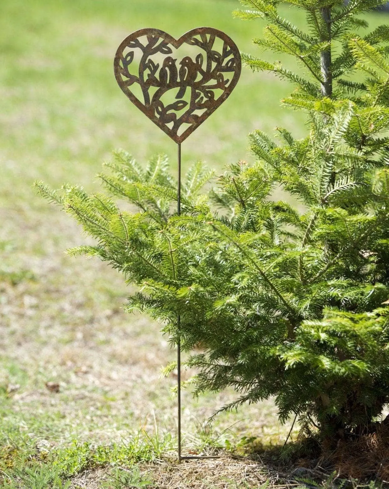 Open Heart with Birds Garden Stake Natural Finish