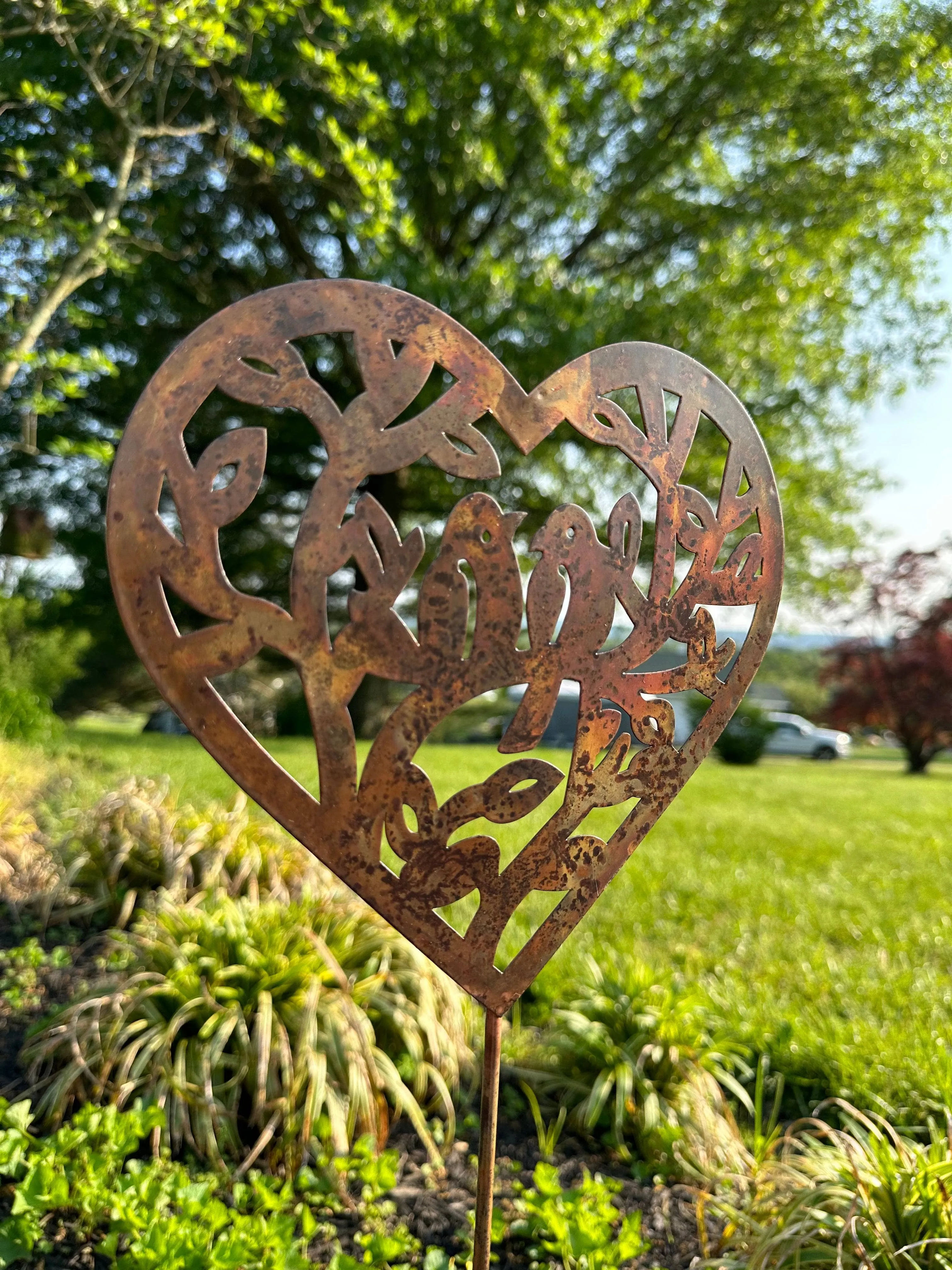 Open Heart with Birds Garden Stake Natural Finish