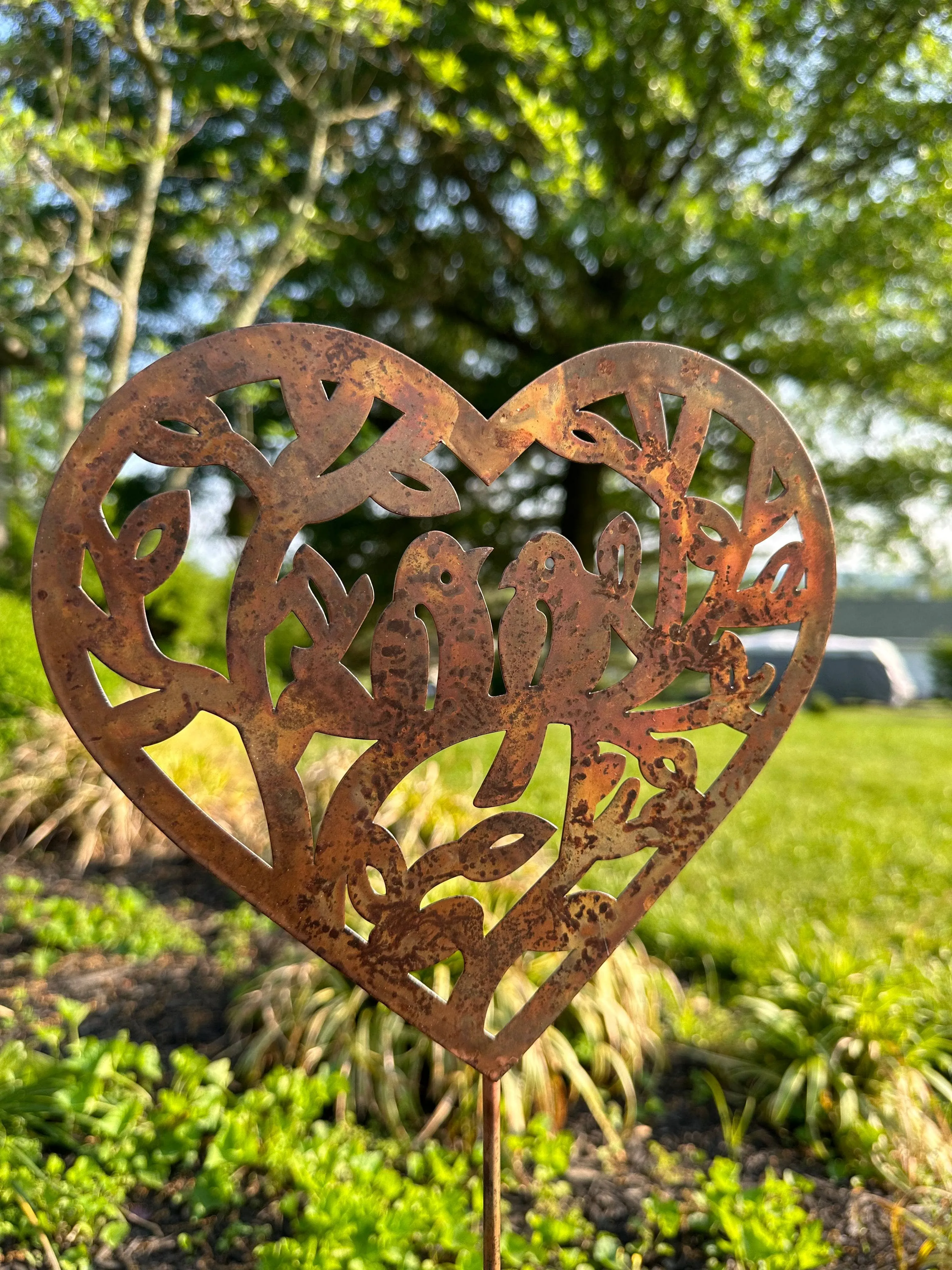 Open Heart with Birds Garden Stake Natural Finish