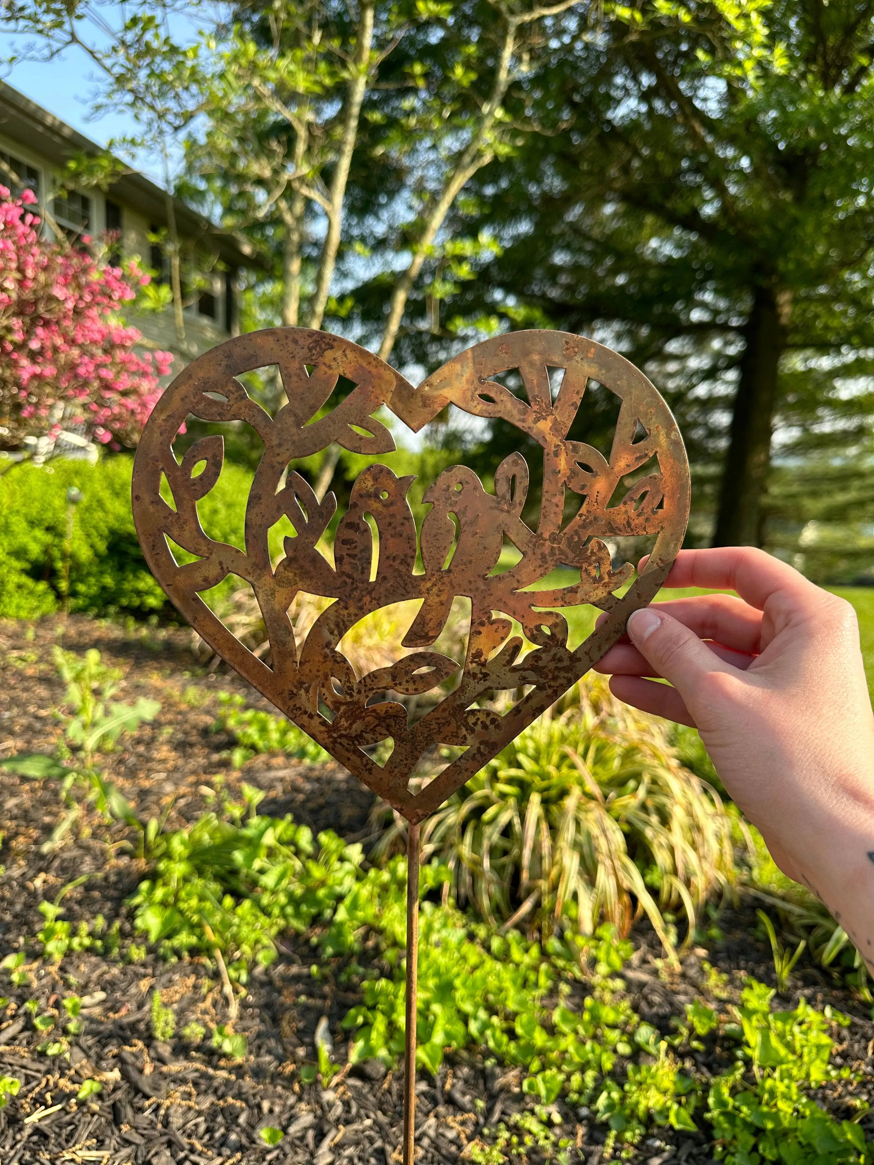 Open Heart with Birds Garden Stake Natural Finish