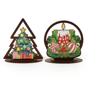 "Jolly Tree & Festive Candle" Crystal Art MDF Home Ornaments Set of 2