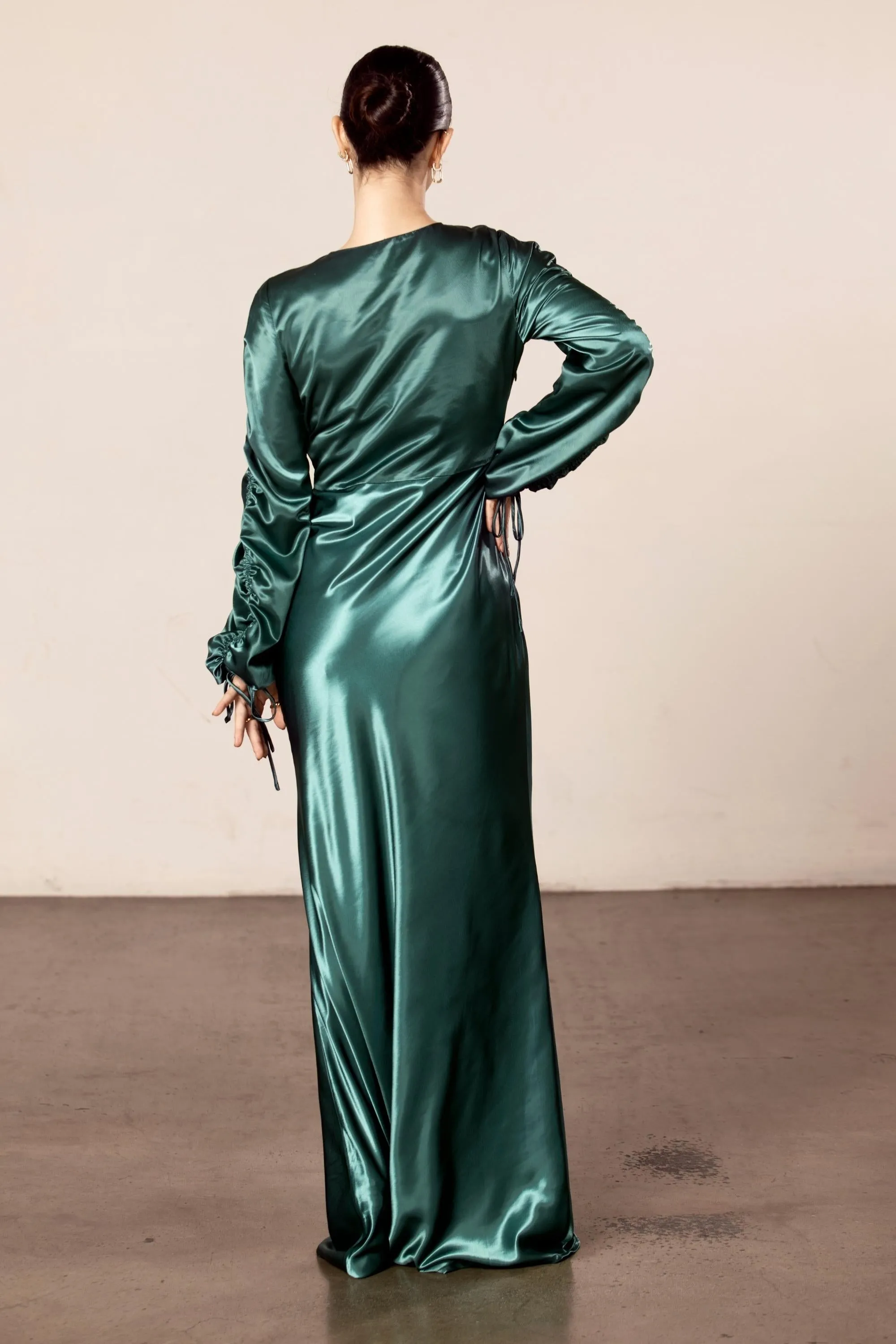 Rahma Rouched Sleeve Satin Maxi Dress - Teal