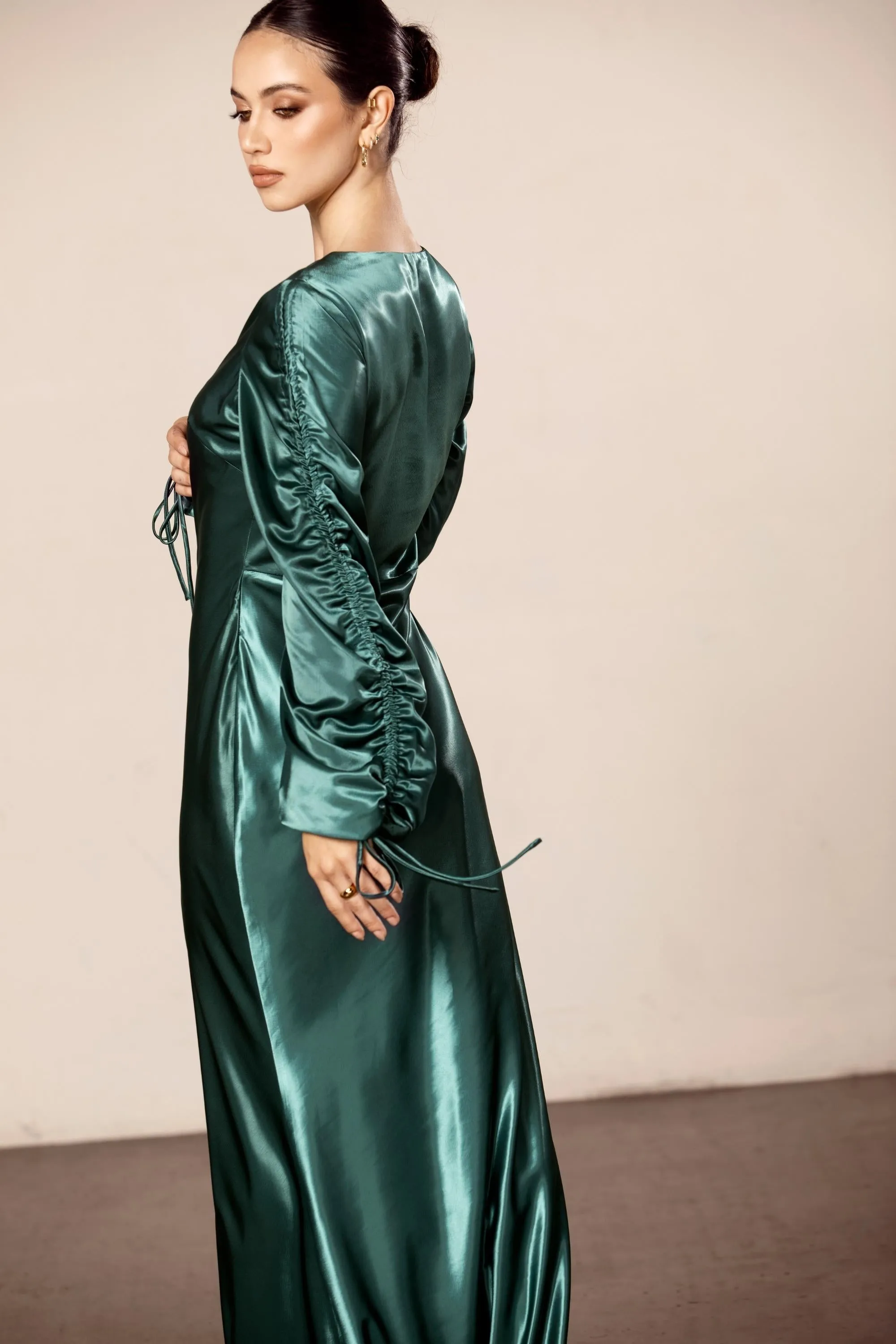 Rahma Rouched Sleeve Satin Maxi Dress - Teal