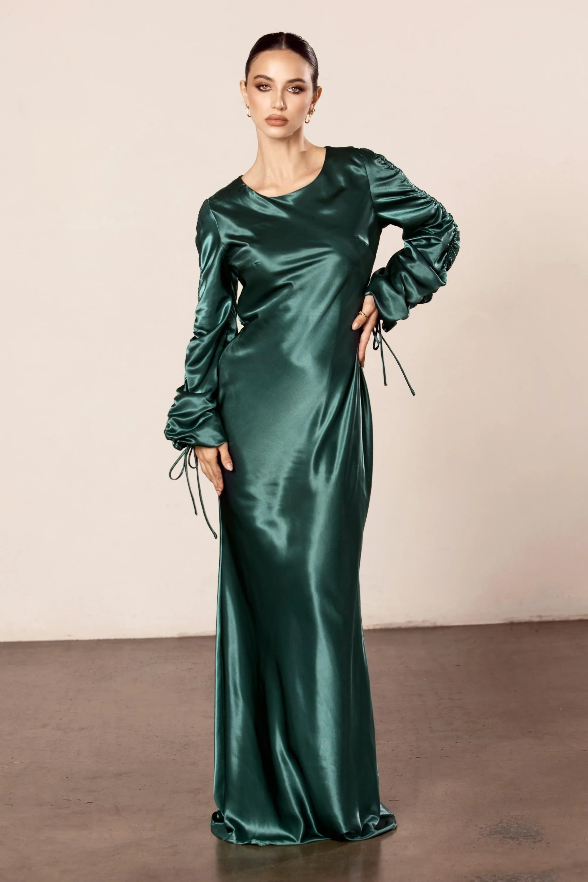 Rahma Rouched Sleeve Satin Maxi Dress - Teal