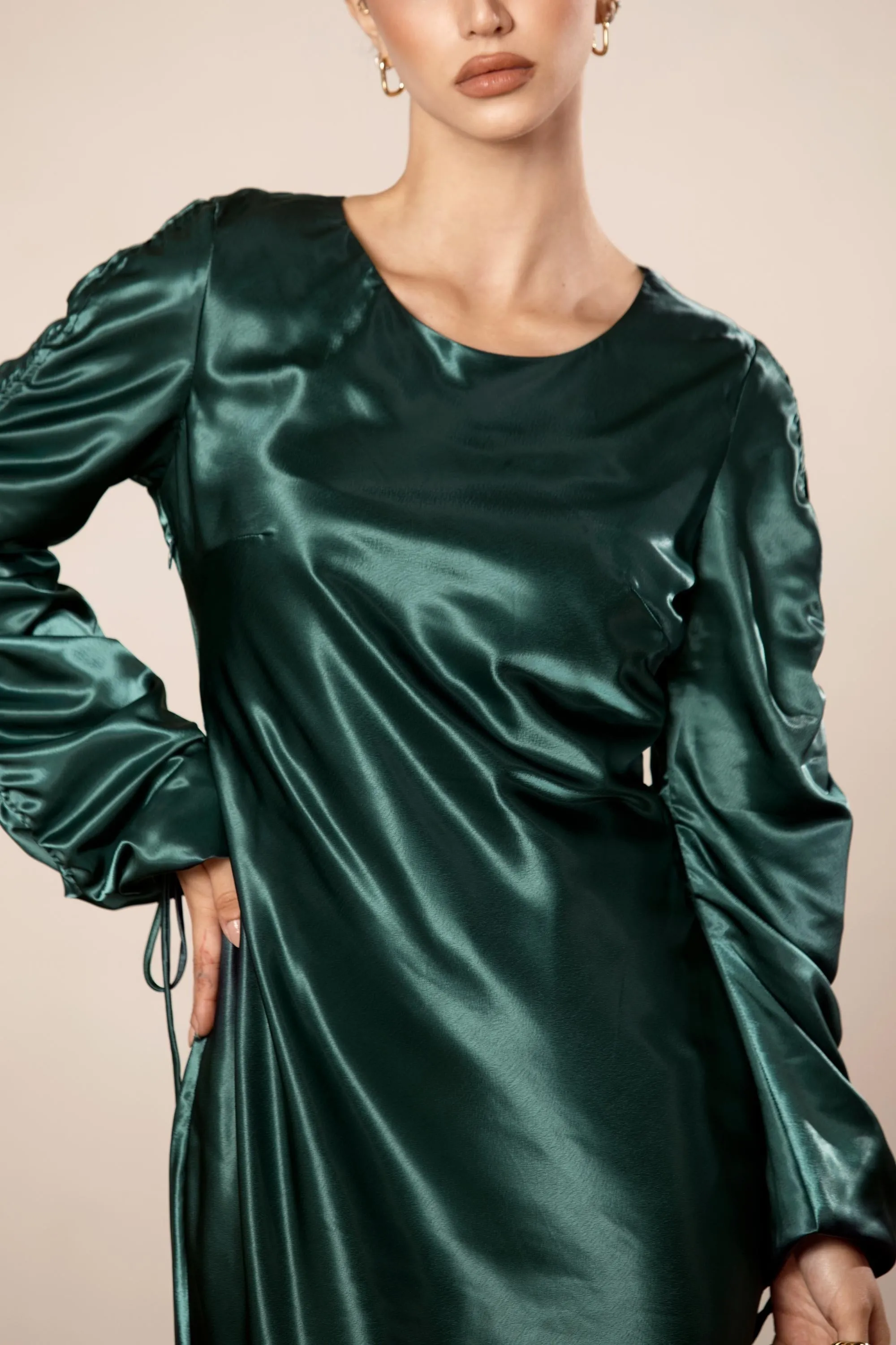 Rahma Rouched Sleeve Satin Maxi Dress - Teal