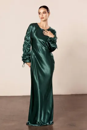 Rahma Rouched Sleeve Satin Maxi Dress - Teal